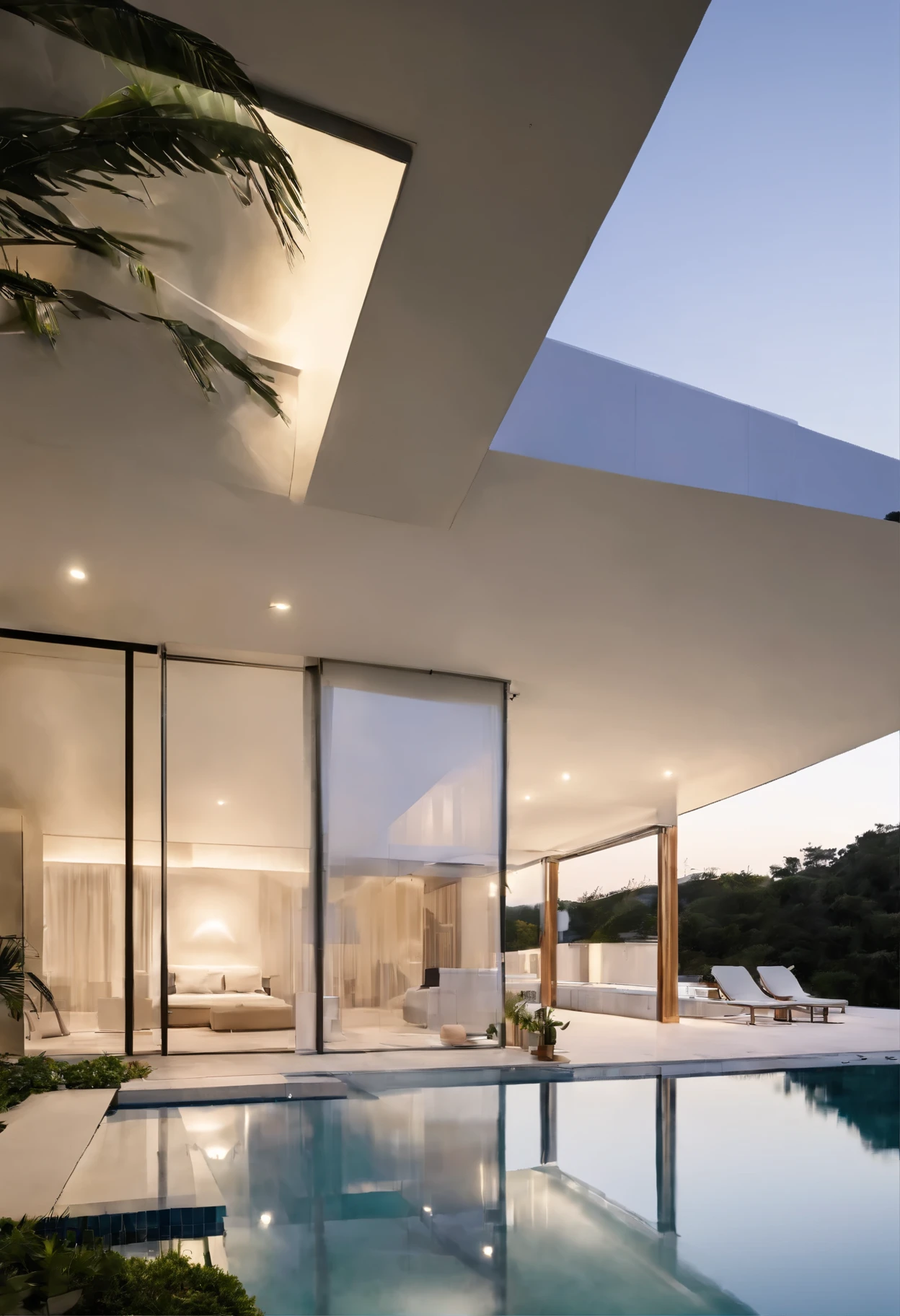 (คุณภาพดีที่สุด), (คุณภาพที่เหนือกว่า), (beautiful modern house designed), (design by richard meier architect), (swimming pool), (tropical landscape design), ( perspective view), (minimumsism), (natural light),(golden hour), (photorealistic)