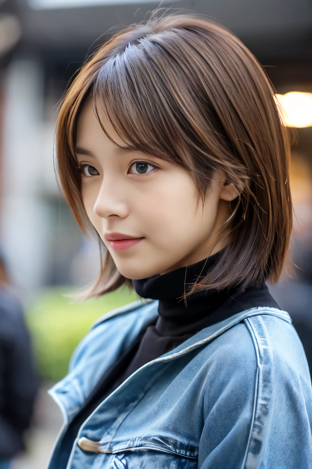 (Best Quality,8K,masutepiece:1.3),Sharp Focus:1.2,Beautiful woman perfect body:1.4,Slim abdomen:1.2,Bob Hair,Straight hair:1.2,turtle neck,Rider Jacket,denim:1.1,Rain,Street:1.2,Wet body:1.5,Three-dimensional texture,Detailed eyes,Brown hair,shinny hair,Back view,hair improvement,Korean style hairstyle、Realistic eyes、逼真