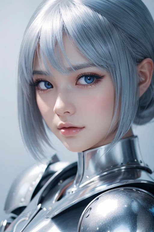 a close up of a woman in a silver and blue dress, chengwei pan on artstation, by Yang J, detailed fantasy art, stunning character art, fanart best artstation, epic exquisite character art, beautiful armor, extremely detailed artgerm, detailed digital anime art, artgerm on artstation pixiv, armor girl,tall girl,cool beauty,Precisely expresses details such as face and skin texture, fine eyes, double eyelid,delicate skin,charismatic,realistic,silver hair,short hair