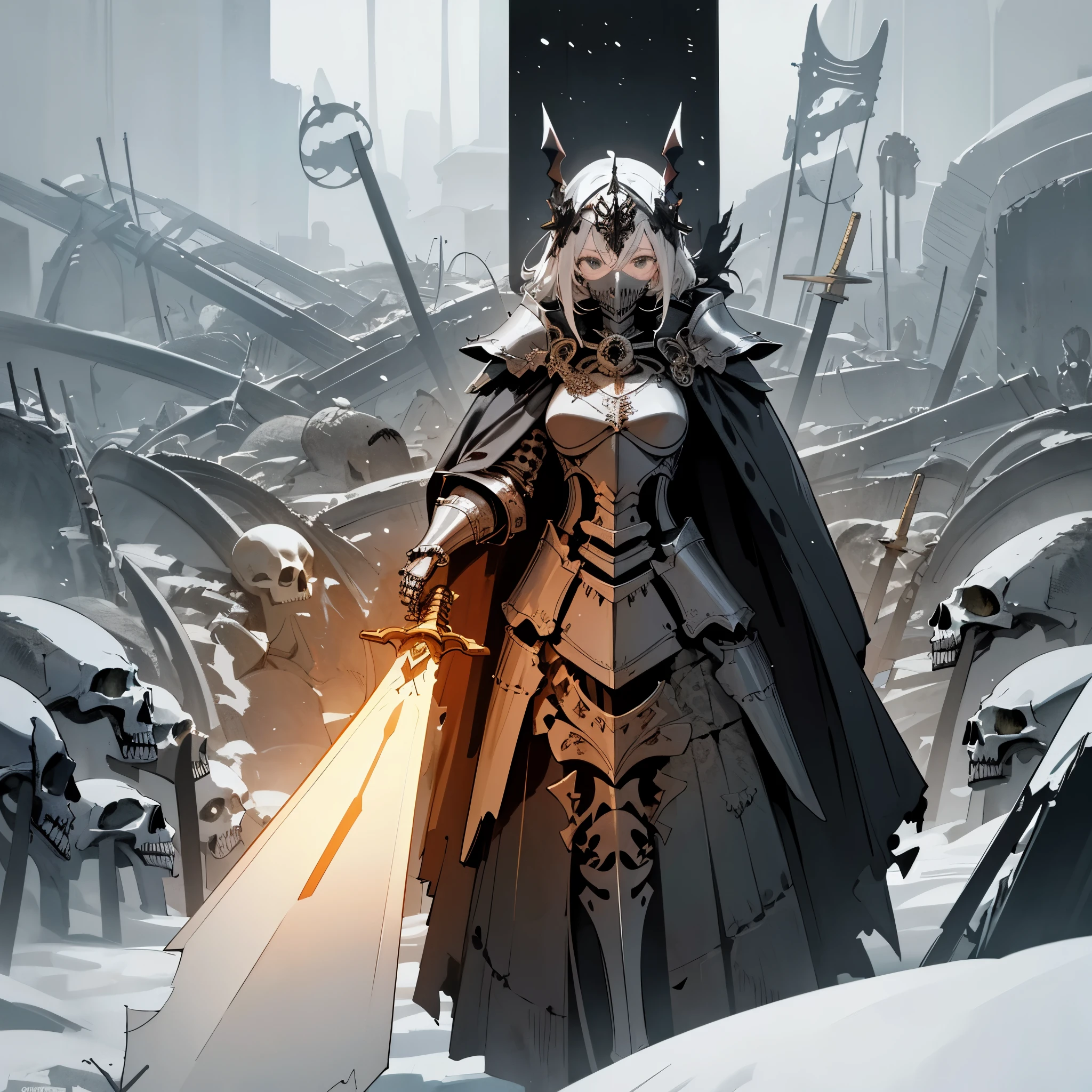 ((masterpiece, highest quality, figure)), chaos theme, horror theme, girl, covered eyes, mask, skull, headgear, Skeleton armor, skeleton print, armored dress, floating cloak, jacket removed, alone, Planted a lot_sword, Remains, cloudy sky, it's snowing, dark lighting
