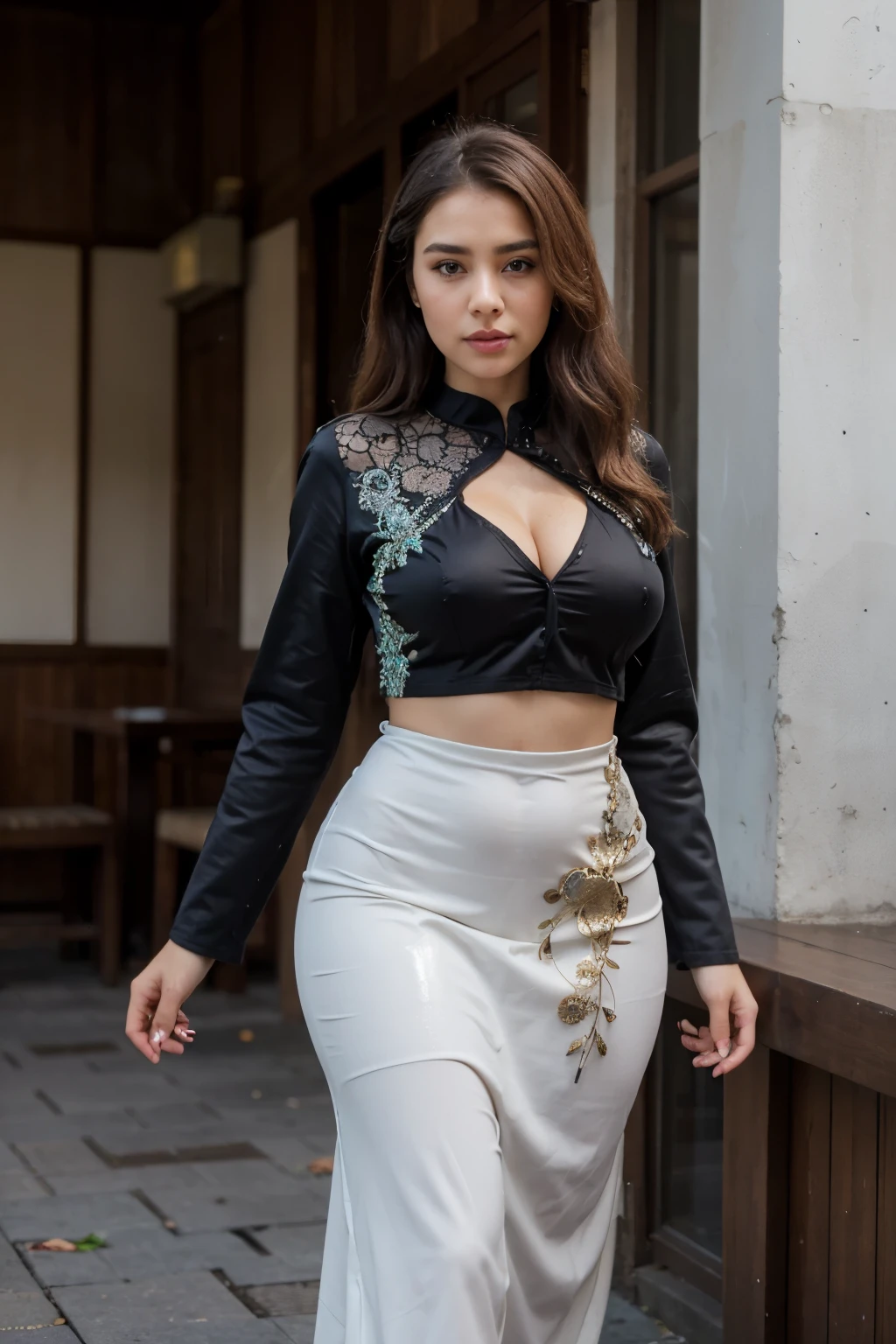 prompt masterpiece, ultra realistic,32k,intricate details, sharp focus, realistic, closed, seductive pose, black eyes, jewelr, lips, realistic, looking_at_viewer, irene1, wet skin, shiny skin, long sleeves, indonesian clothes, bali, balinese, cityscape, dynamic pose,((random colour kebaya)),full body,busty body,curvy body,long hair,beauty face,cowboy shot,