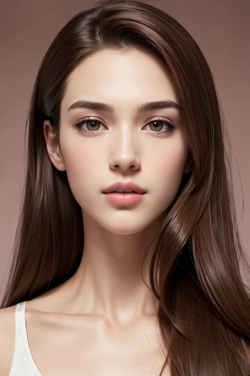 [sony premium camera, 8k, full High resolution, front-facing photo], a beautiful girl, cute girl, with oval face and symmetrical face structure, big eyes, brown eye color, almond shape eyes, straight and balanced nose, soft wavy brown hair heart-shaped lips, perfect eyebrows, perfect ears, light pale soft skin, pale white skin, slightly lifted chin with neutral expression and closed mouth, pink natural lips, neutral expressions, plain background, bright light