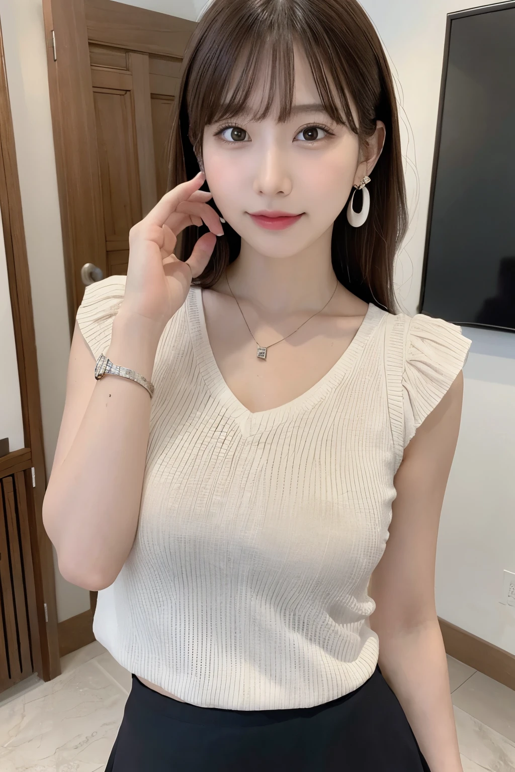 (8k, RAW photo, best quality, masterpiece:1.2), (realistic, photo-realistic:1.4), (extremely detailed 8k wallpaper),
professional lighting, Warm Tone Lighting,
sharp focus, depth of field, blur background, bokeh,
full body,
Japanese high school girl, slender, thin,
Waving hand,
Mountain,
Morning,
Shiny hair, wave hair, brown hair,
polo shirt, mini skirt, shoulder out,
fancy earrings, necklace, watch,
Joyful,