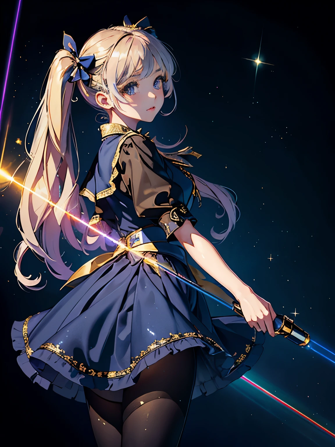 (masterpiece, exquisite, With rich detail and the highest image quality),colorful background,1 girl,close,very big eyes,Color Gradient Hair,(skirt laser:1.2),pantyhose,laser,laser shining star,beautiful fine water,bust,twin tails,hair ribbon,star hair ornament,long eyelashes,Navy Blue Skirt Suit,golden embroidery  