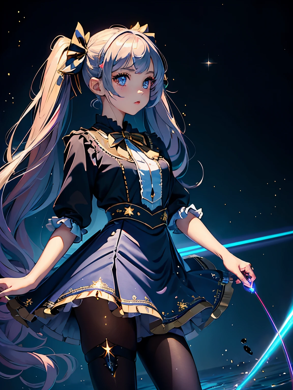 (masterpiece, exquisite, With rich detail and the highest image quality),colorful background,1 girl,close,very big eyes,Color Gradient Hair,(skirt laser:1.2),pantyhose,laser,laser shining star,beautiful fine water,bust,twin tails,hair ribbon,star hair ornament,long eyelashes,Navy Blue Skirt Suit,golden embroidery  