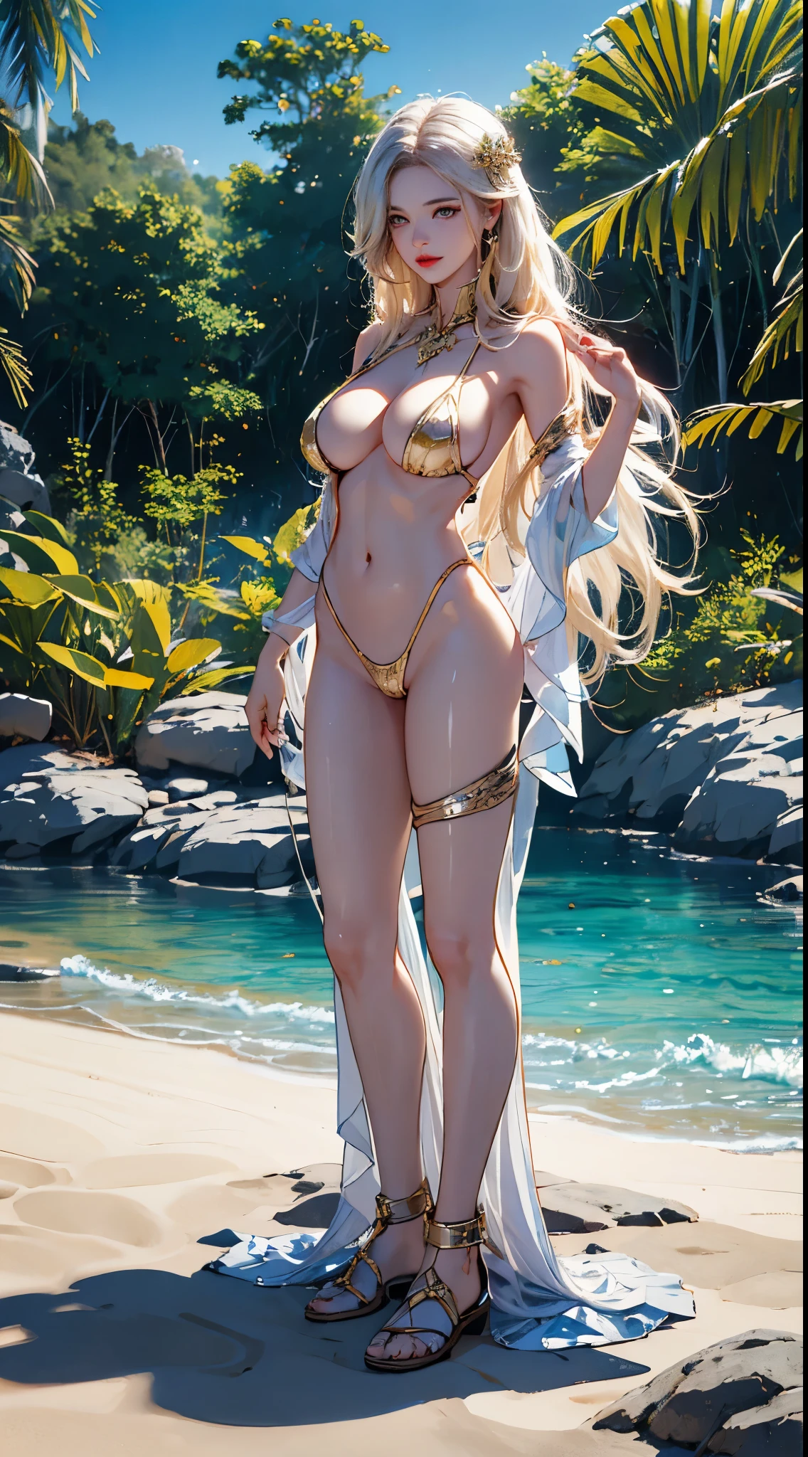 on the beach,Beautiful full body woman, muscular、Perfect body, ((take a step back)), wide neckline, afro blonde hair, enchanting posture, standing on the sand,Wear gold jewelry, Highly detailed facial and skin textures, , face slimming, 多汁lips, lips, Big and swollen, Super Micro Breastplate,African black curly hair, blonde hair, Brighten skin colour, hazel delicate eyes, double eyelids, 黄金Metal网饰品,NSFW, 佩戴金色Metal,Ultra-fine rubber ribbon, Metal项圈, Metal金色未来派小丁字裤, Metal, Metal粘合剂, Thin silk cupless bra, Metal衣服, gold body jewelry, wet skin, She was naked. White skin, dark jungle,There are big trees, masterpiece