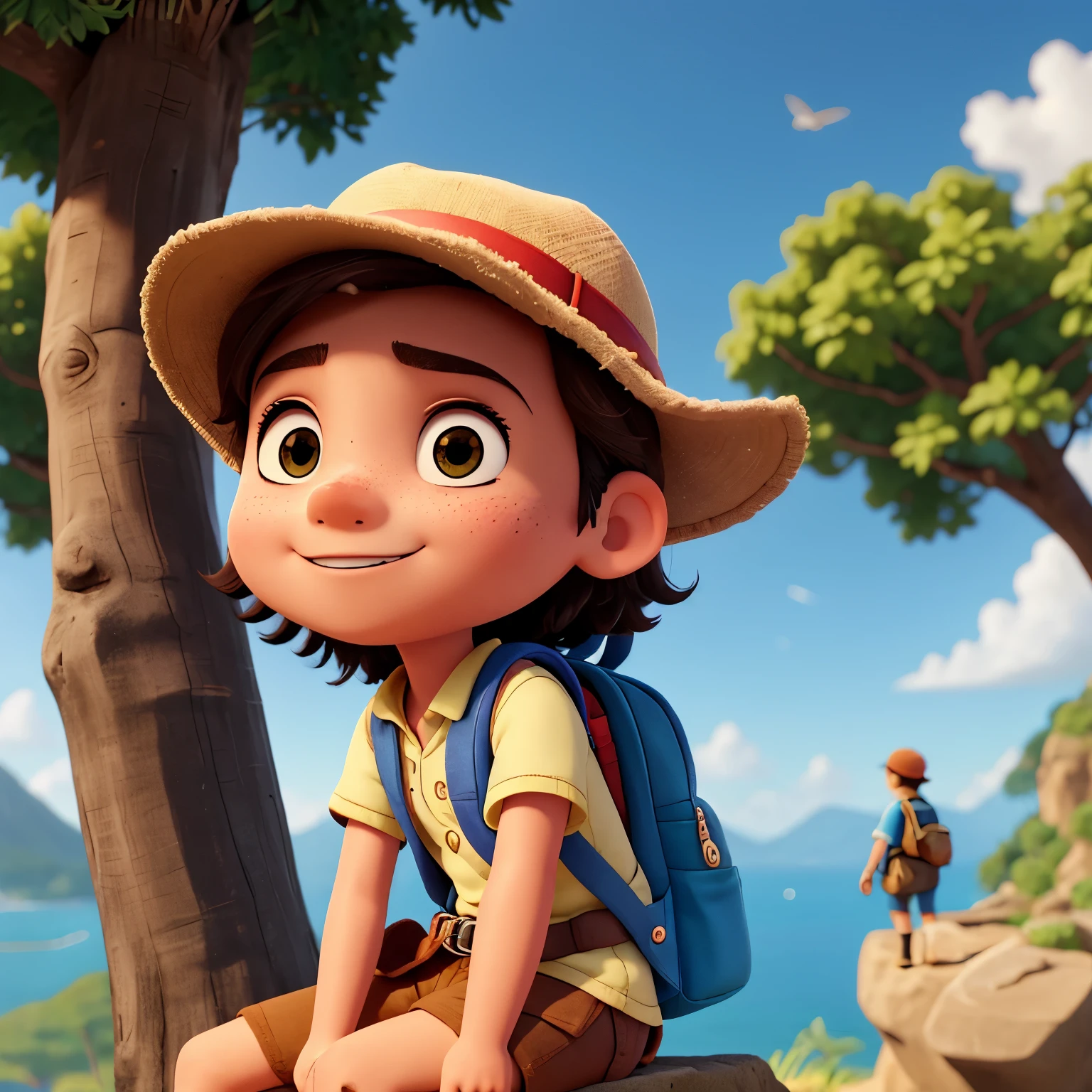 Create a cartoon-style character around 8 to 12 years old named Adira, an adventurous girl. He embodies adventure with a backpack full of useful gadgets, a hat shielding his sun-kissed freckled face, and a determined look in his bright blue, round eyes. His sandy hair peeks out from under his hat as he holds a map with a puzzled yet optimistic expression.

Position 1: Adira, leaning against a tree, with his trusty backpack, staring at the map.
Position 2: Adira, climbing a tree, looking back at the ground with enthusiasm.
Position 3: Adira, sitting on a rope bridge