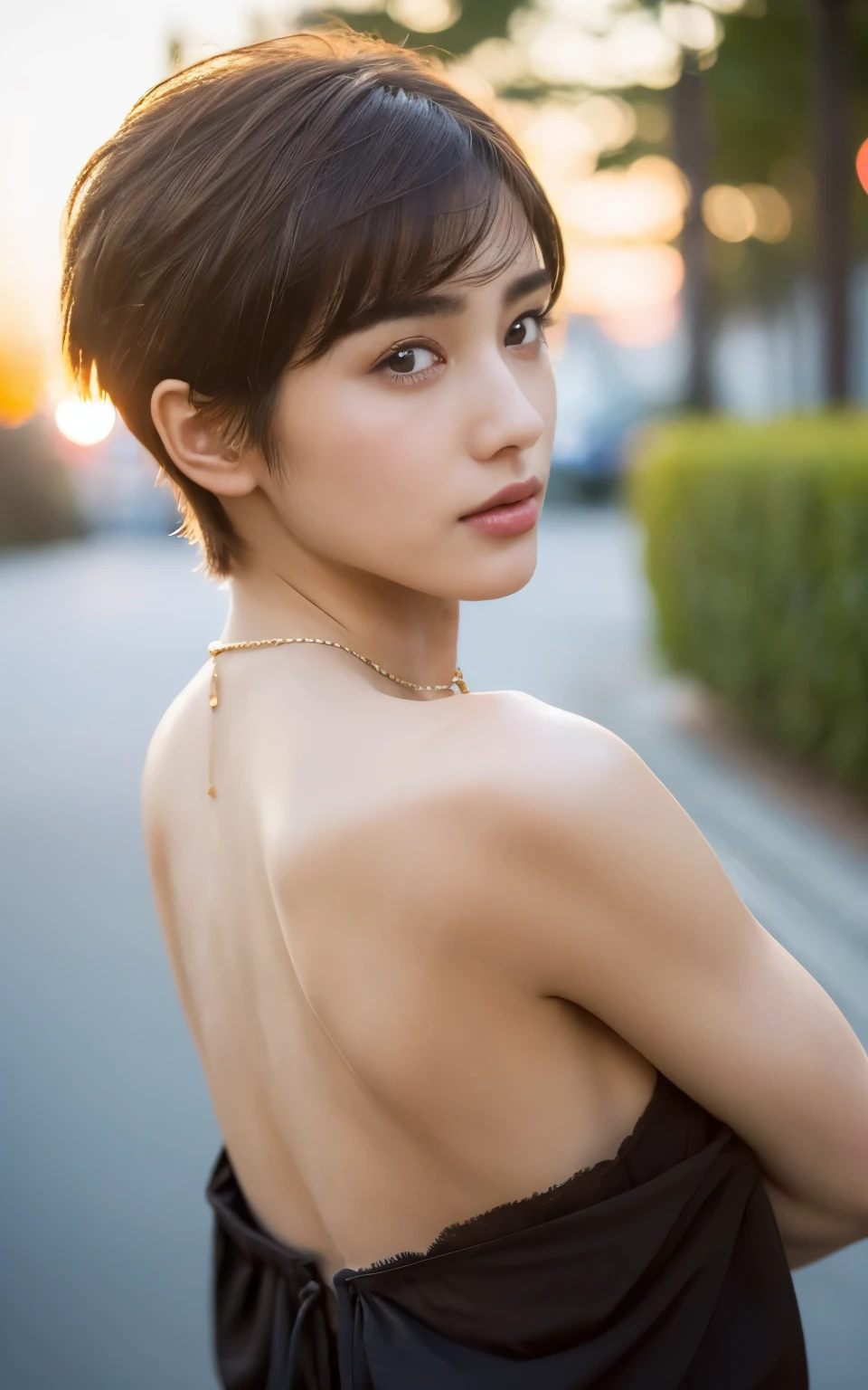 ((of the highest quality, 8K, masutepiece: 1.3, Raw photo)), Sharp Focus: 1.2, (1 AESPA Girl :1.1), Solo, (Realistic, Photorealistic: 1.37), (Face Focus: 1.1), Cute face, hyperdetailed face, Short messy hair, Small Smile, full nude, thigh, from behind and below, office, flower, iris