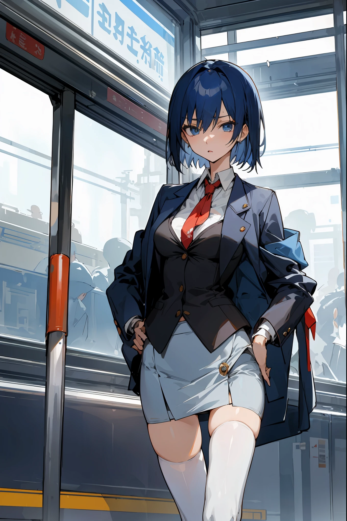 masterpiece,best quality,1woman solo,cowboy shot,20 year old beauty、dark blue hair,short  hair,blue eyes,ideal ratio body proportions,slender body,medium breasts,gleaming skin,Perfect Anatomy:1.2,standing,( blazer jacket,tight skirt、mini skirt、thigh_gap, white_thighhighs),train、Inside the station、congestion、Tokyo、