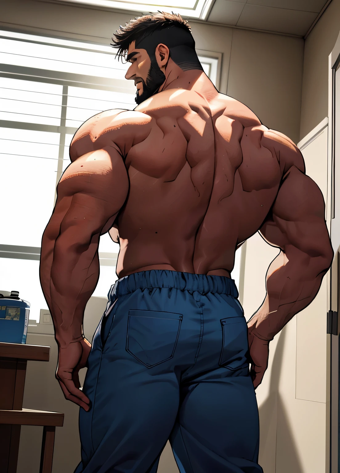 melhor qualidade, obra de arte, super high resolution, realismo, illustrations, Solteiro, 1 menino, muscles, volumetric lighting, facial hair, fundo simples, hands behind you, ajoelhado de joelhos, Corte de pincel, Ryu, bare feet, hands behind your back, pants down, virilha visible, visibleubic hair, visible_no