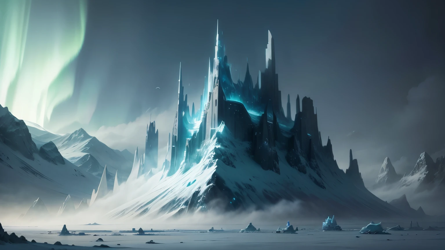 ModelShoot style, (Extremely detailed Cg Unity 8K wallpaper),Snowy mountain landscape with fog,South Pole,aurora,snow mountains,Igloo,Ice sculpture palace,Ice block house,The palace of the Ice Queen,Immerse yourself in the beautiful aurora,photography of:Brandon Woelfelmist,Surreal dreams,Gray atmosphere,raining day,dyna,lut,hdr,Surrealist art fantasy style,Epic digital fantasy art style,Beautiful dream art,