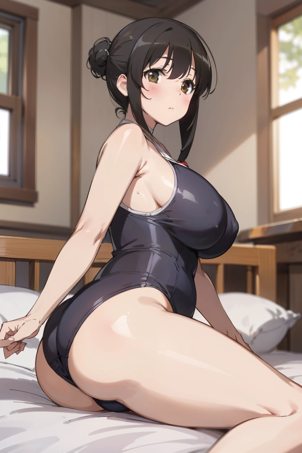 ((masterpiece)), ((best quality)), (ultra-detailed), ((extremely detailed)), 4K, (8K), best quality, perfect anatomy, ((((beautiful detailed eyes)))), (((world-class quality))), photorealistic, extremely detailed, high resolution, (detailed shaded pretty face), (((house wife))), solo, (((sagging breasts))), (((wearing school swimsuit)), glowing detailed skin and hair, white-skinned, (((glistening skin))), huge ass, kasumi iwato, potbelly, baby face, (half updo),, on the bed, embarrassed, ,, arn670w, huge breasts, spread legs, (curvy),