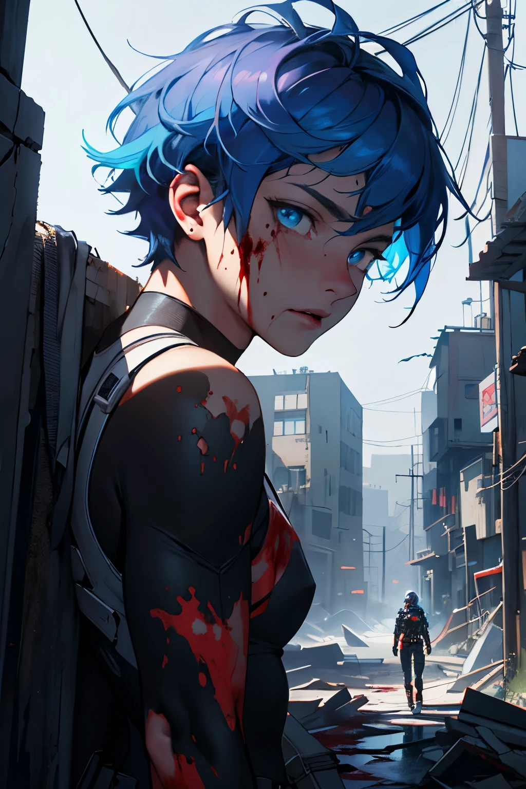 ((best quality)), ((masterpiece)), (detailed), perfect face, full figure, a digital painting of a blue-haired woman, 25 year old woman, athletic build, startling blue eyes, beautiful face, standing on a high ledge, watching a dystopian city below, being slowly reclaimed by nature, ghost girl, scary with blood, high quality, scary darkness background, CryingBlood, blood, cyberpunk art