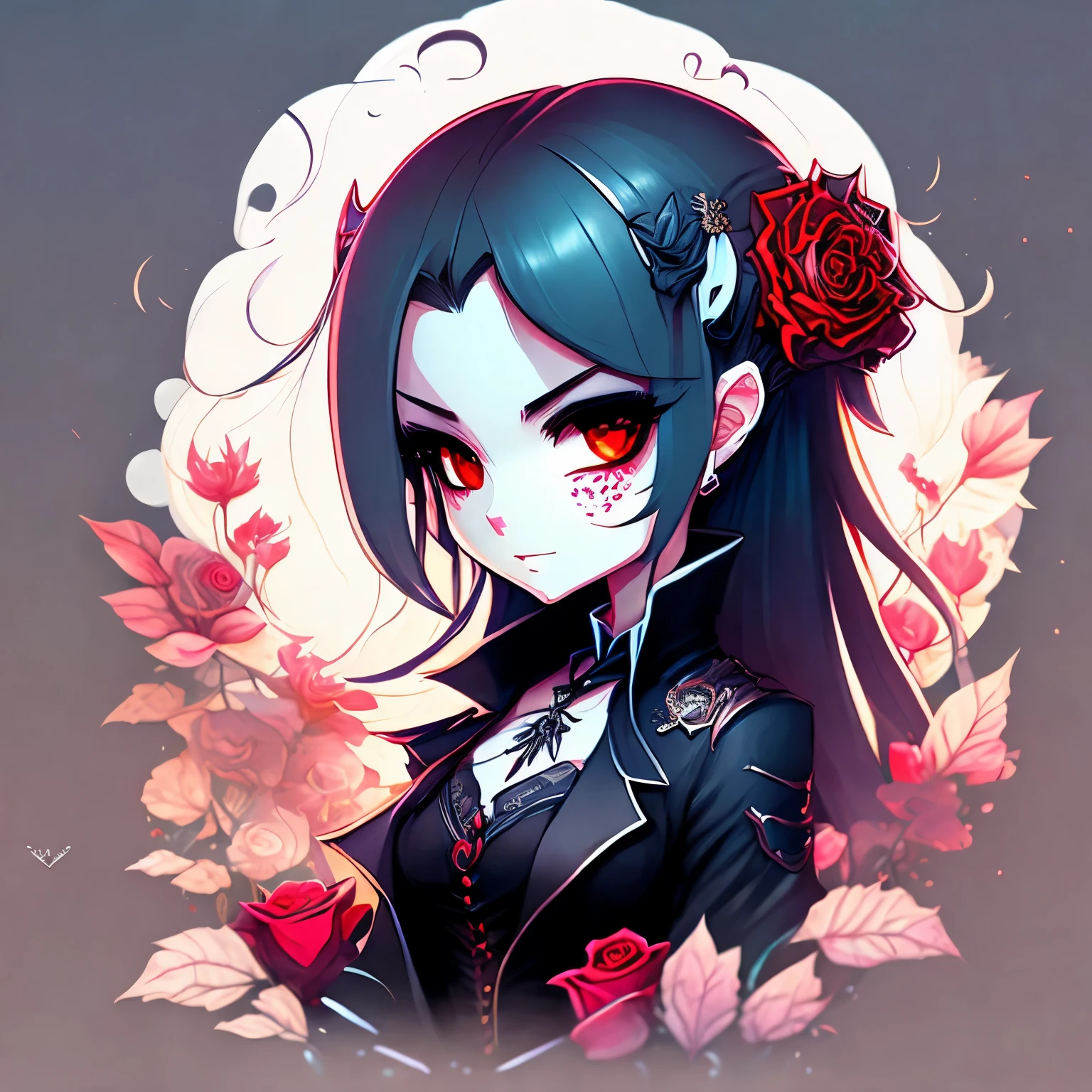adesivo anime Chibi Vampire , longos cabelos brancos, Gothic style, rosas no cabelo,dark black eyelashes ,olhos vermelhos brilhantes, digital illustration, comic style, gothic revival, anatomia perfeita, centrado, approaching perfection, dynamic, altamente detalhado, Pintura aquarela, art station, arte conceitual, suave, sharp focus, illustration, arte de wlop e ross tran ,