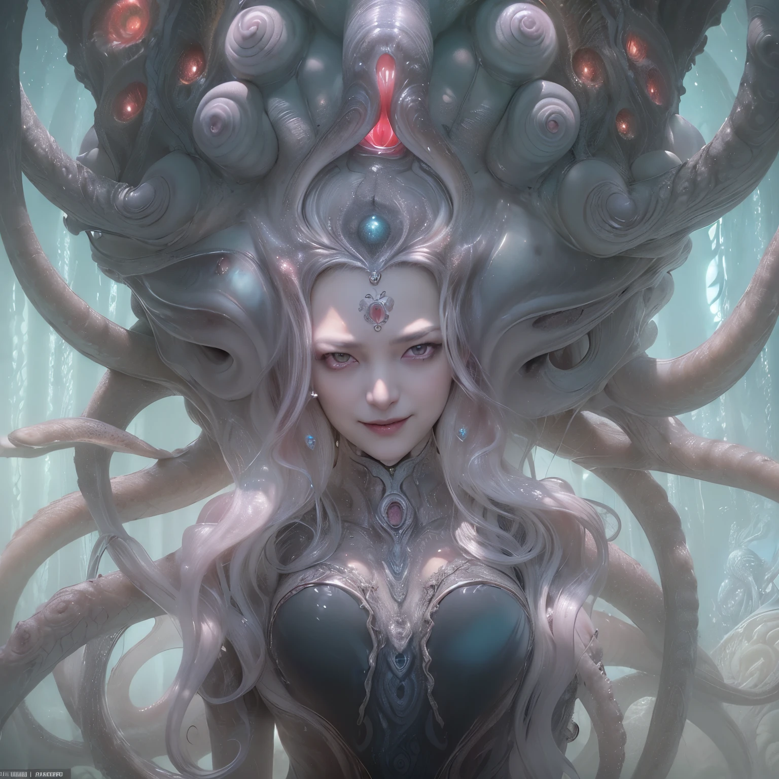 (1 female Alien: 1.2), With a beautiful, enchanting face, this alien seduces us with her allure. Her captivating red eyes gleam brightly, reminiscent of burning embers. Her full body is unlike any human's, boasting a sexy, otherworldly form. No humans are present in this scene as she stands alone, her cells fused in a unique and intriguing extraterrestrial way.
(extraordinary beautiful nude photo:1.4), (glowing pearl white eyes:1.5), (sexy and glamorous:1.1), (coquettish expression:1.2), toned lean body, (muscular:1.2), (beautiful abs:1.5), beautiful nipples, She has lots of iridescent translucent tentacles instead of her hair, pale skin, (white skin with prominent veins:1.3),
Lots of iridescent translucent tentacles adorn her body, shimmering under the dramatic lighting. Her pale skin, with a hint of translucency, adds to her ethereal allure. This masterpiece, rendered in