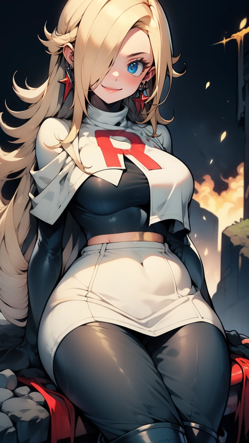 Rosalina, Glossy Lips ,uniforme da equipe rocket, letra vermelha R, saia branca,top branco,botas pretas de cano alto, luvas de cotovelo pretas, evil smile, olhando para o espectador, tiro de vaqueiro, segurando um cinto com varias pokebolas
