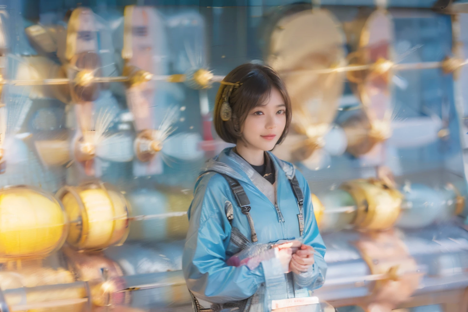 164
Shorthair, (a 20 yo woman, standing), A hyper-realistic, gentle smile, sci-fi cool suit, (口紅), in the cockpit of an old fashioned fighter aircraft