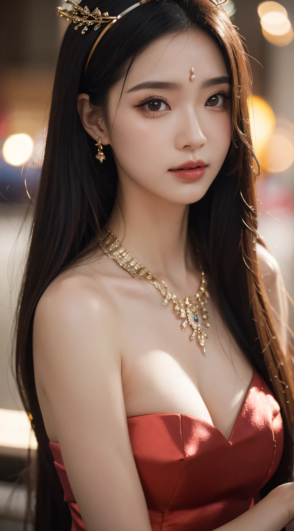 goddess woman, cosmetic, Bokeh, close up, seductive look, modern clothing