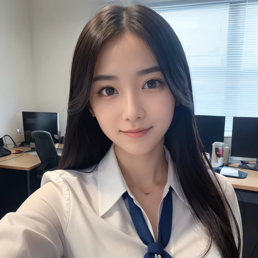 instagram photo, closeup face photo of 23 y.o Chloe in office uniform, cleavage, pale skin, (smile:0.4), hard shadows, running, after shower with wet hair