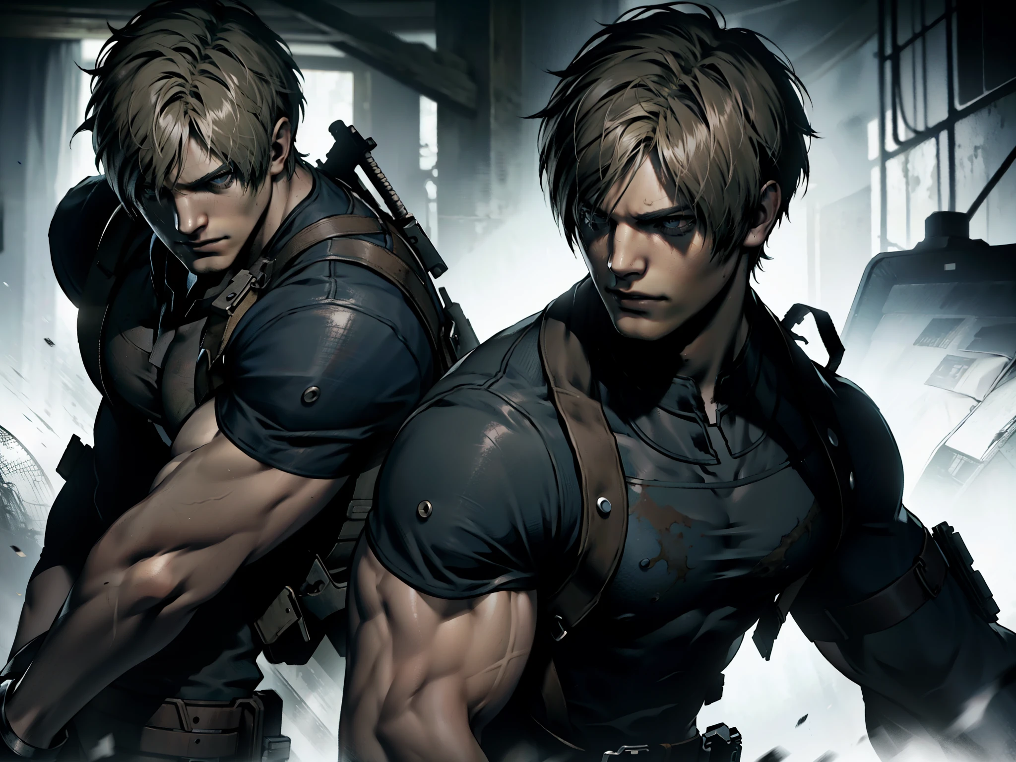 Shirtless Resident Evil Leon in heroic pose