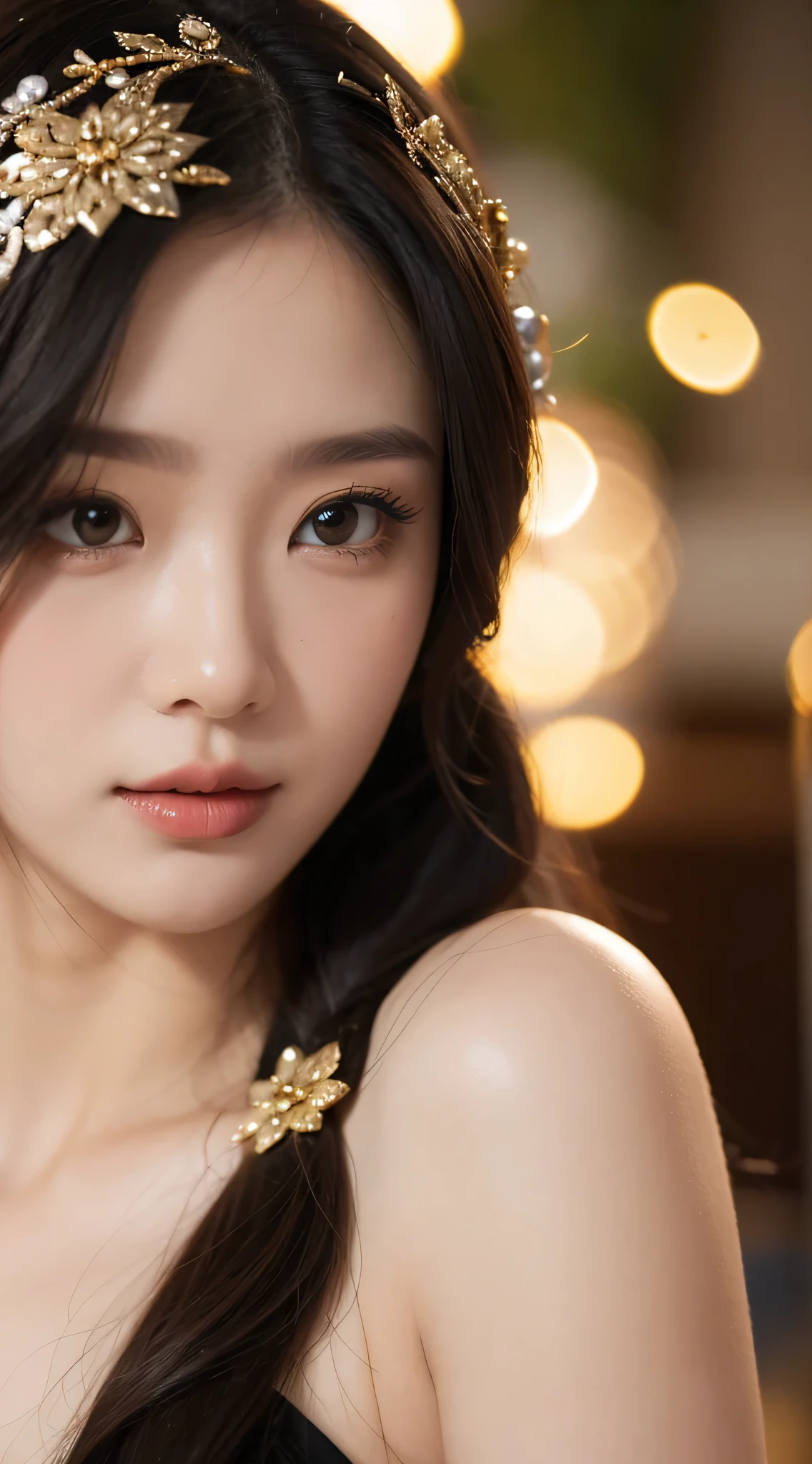 goddess woman, cosmetic, Bokeh, close up, seductive look, modern clothing