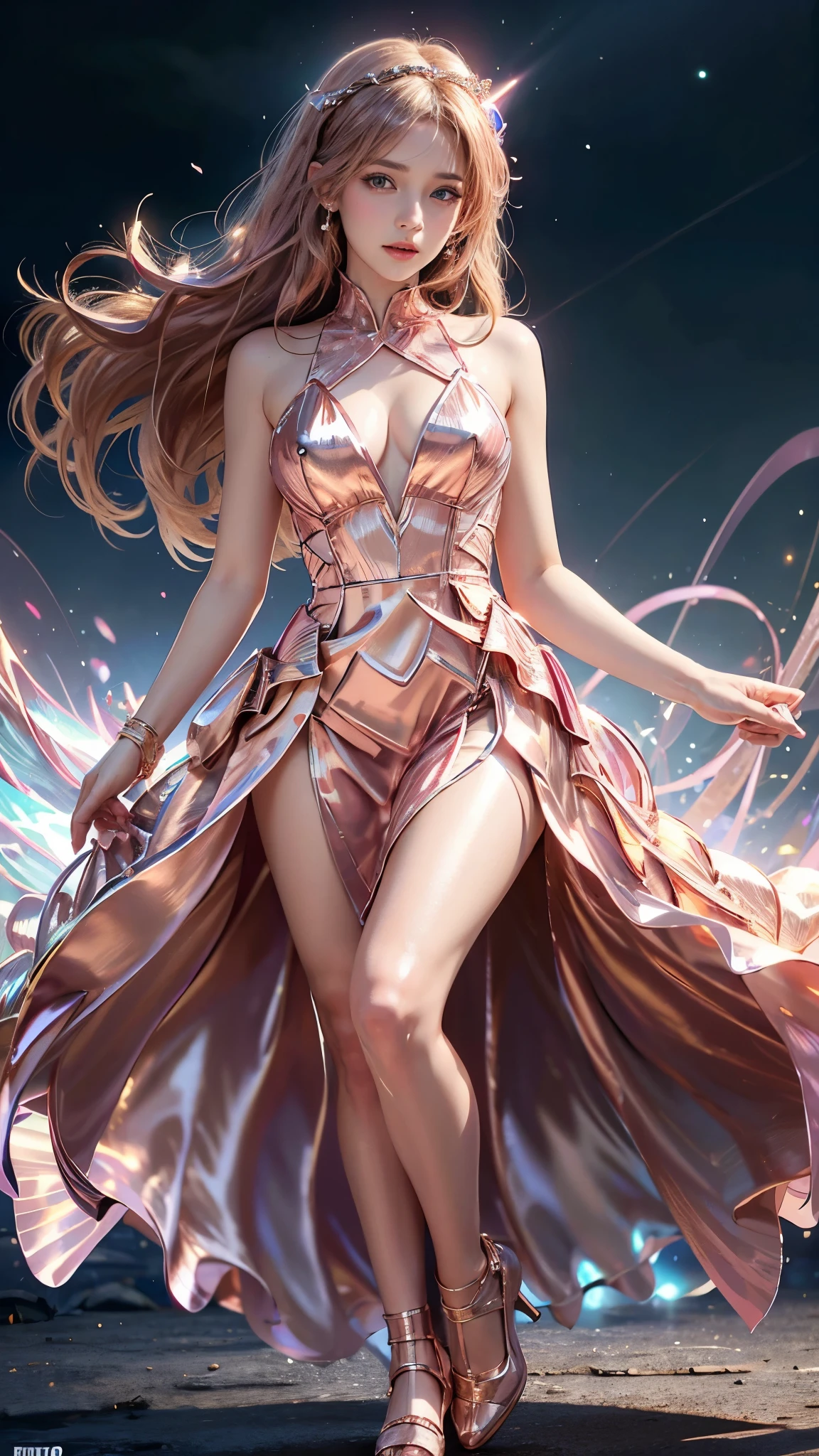 8K Ultra HD, Masterpiece, Best quality, A beautiful girl, Long hair, Impressive hairstyle, Crystal dress, Pink dress, Shining, Glowing skin, pink lighting, space backdrop, Station capital, Full body capture,