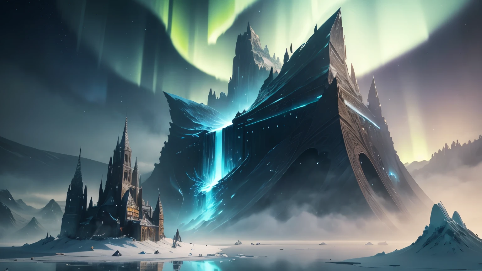 ModelShoot style, (Extremely detailed Cg Unity 8K wallpaper),Snowy mountain landscape with fog，South Pole，aurora，snow mountains，Igloo，Ice sculpture palace，Ice block house，The palace of the Ice Queen，Immerse yourself in the beautiful aurora，photography of：Brandon Woelfelmist，Surreal dreams，Gray atmosphere，raining day，dyna，lut，hdr，Surrealist art fantasy style，Epic digital fantasy art style，Beautiful dream art,