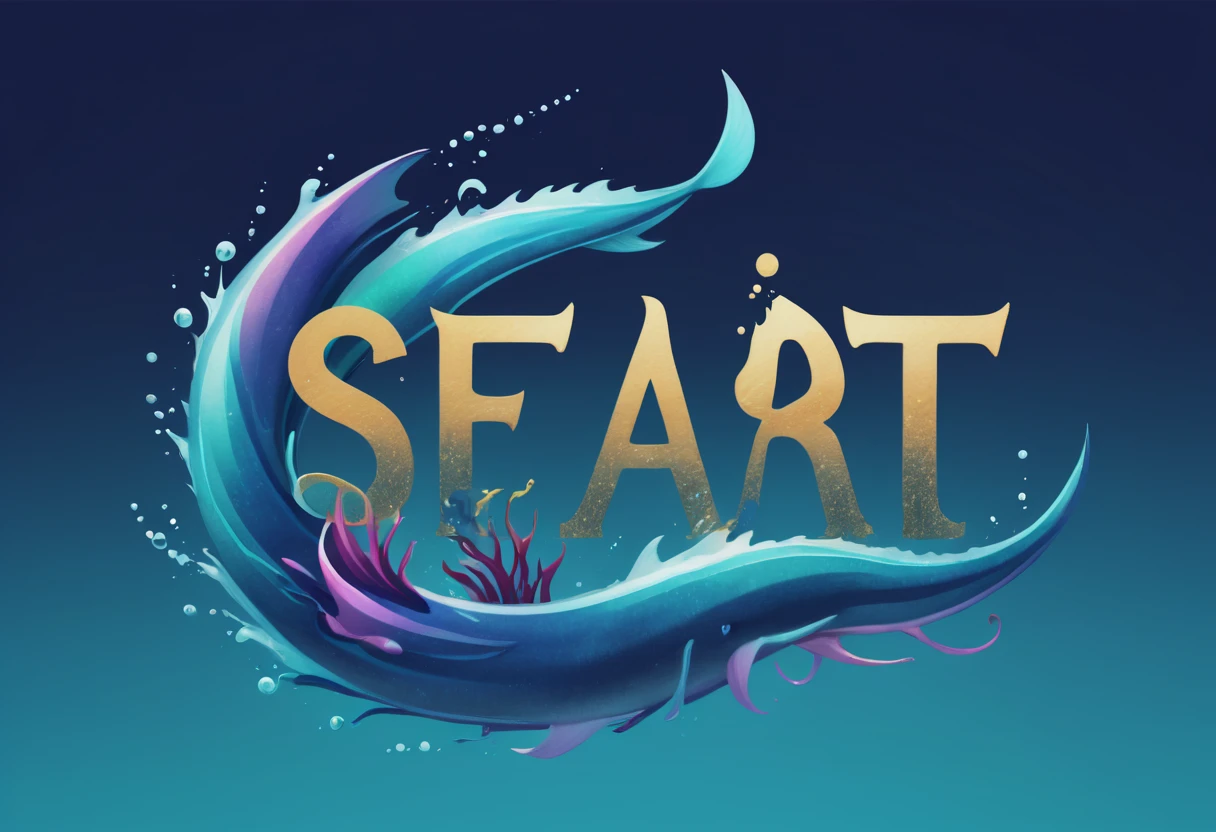 Logo "seaArt", text "seaArt", creative Font Design, typeface, spirit of water, Message card design, draw letters with water, dynamic, rich colors, Gradation, magical letter-shaped animals, magical sea creatures, txt says "seaArt"