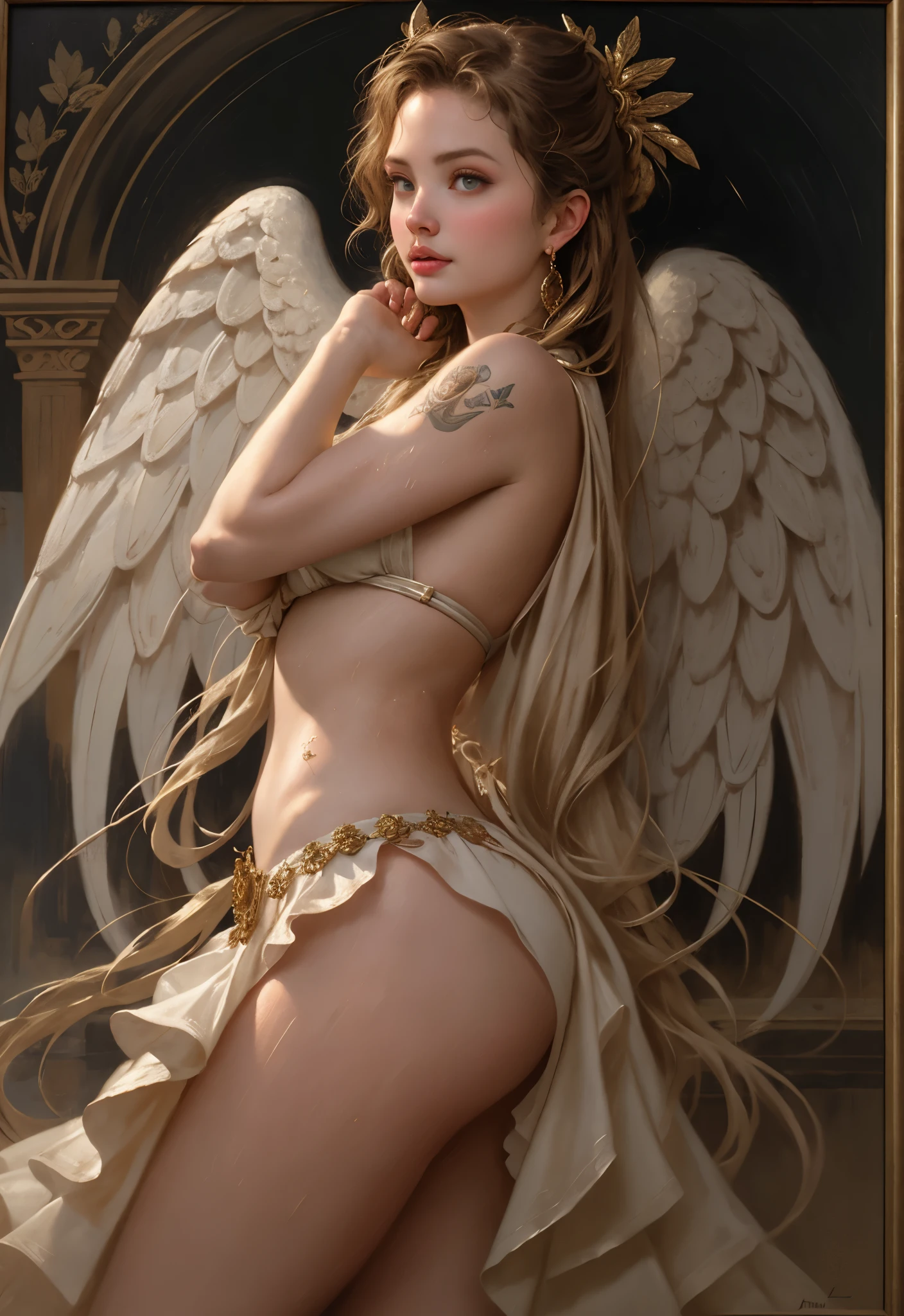 Close-up of a woman with very large breasts, muito linda Angeline Jolie, Angeline Jolie, 世界上最beautiful woman, Angelina Jolie, beautiful woman, linda beautiful woman, Wearing armor with a skirt, wear a skirt, 非常beautiful woman, whole body, whole body, 鸟女人的painting, inspired AlexandreCabanel, AlexandreCabanel, Luis Ricardo Fallero, Inspired by Jules Joseph Lefebvre, Inspired by Théodore Chassereau, Inspired by Carl Heinrich Bloch, Inspired by Franz Ferdie, Inspired by Lord Frederick Leighton, masterpiece, best quality, ((18 years old)), ((woman )), clear face, Cute age girl, perfect anatomy, wet, a happy expression, actual face, actual, Dynamic side light, perfect lighting, dynamic poses, dynamic angle, (1 girl), focus only, small breasts, ((Loli, photorealism, Embrace,looking at the audience, , middle Ages, Classicism, Andrei Atroshenko Estillo, painting, traditional media, realist, Delicately symmetrical eyes, Detailed beautiful face, metaphorical, fine art, 布面油painting, high dynamic range, 8k, original characters, high resolution, high detail, focus on face, portrait, , middle Ages, Classicism, Andrei Atroshenko Estillo, painting, traditional media, realist, Delicately symmetrical eyes, Detailed beautiful face, metaphorical, fine art, 布面油painting, high dynamic range, 8k, original characters, high resolution, high detail, focus on face, (NSFW:1.0), huge breasts, Katherine's photo,金发long hair,wearing a necklace, (highly refined skin: 1.2), 8K Ultra HD, SLR camera, soft light, high quality, 80mm, Hasselblad, Four-winged female angel, raise arms, Greek style, actual, Stop, Classical style, classical painting, actual PAINTING, gold ornaments, golden shoulders, golden wings, Young God, Rome GREEK MUSE, Rome, long hair, blond hair, 8k resolution, angelica kaufman style, William Adolphe Bouguereau style, whole body, slim woman, standing posture, whole body, Holding a crystal sword.