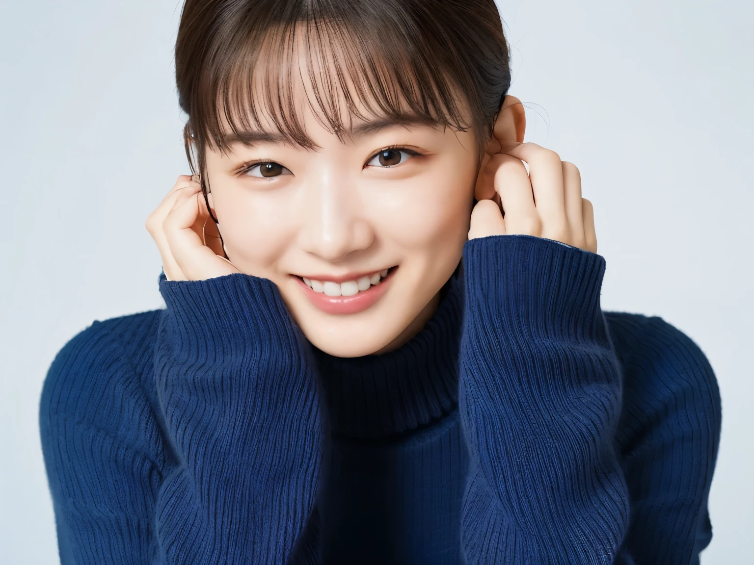 (masterpiece, highest quality, looking at the viewer:1.4), close, RAW photo, disorganized, 8k, 85mm, Sophisticated, dull blue knit sweater, (smile:0.2)