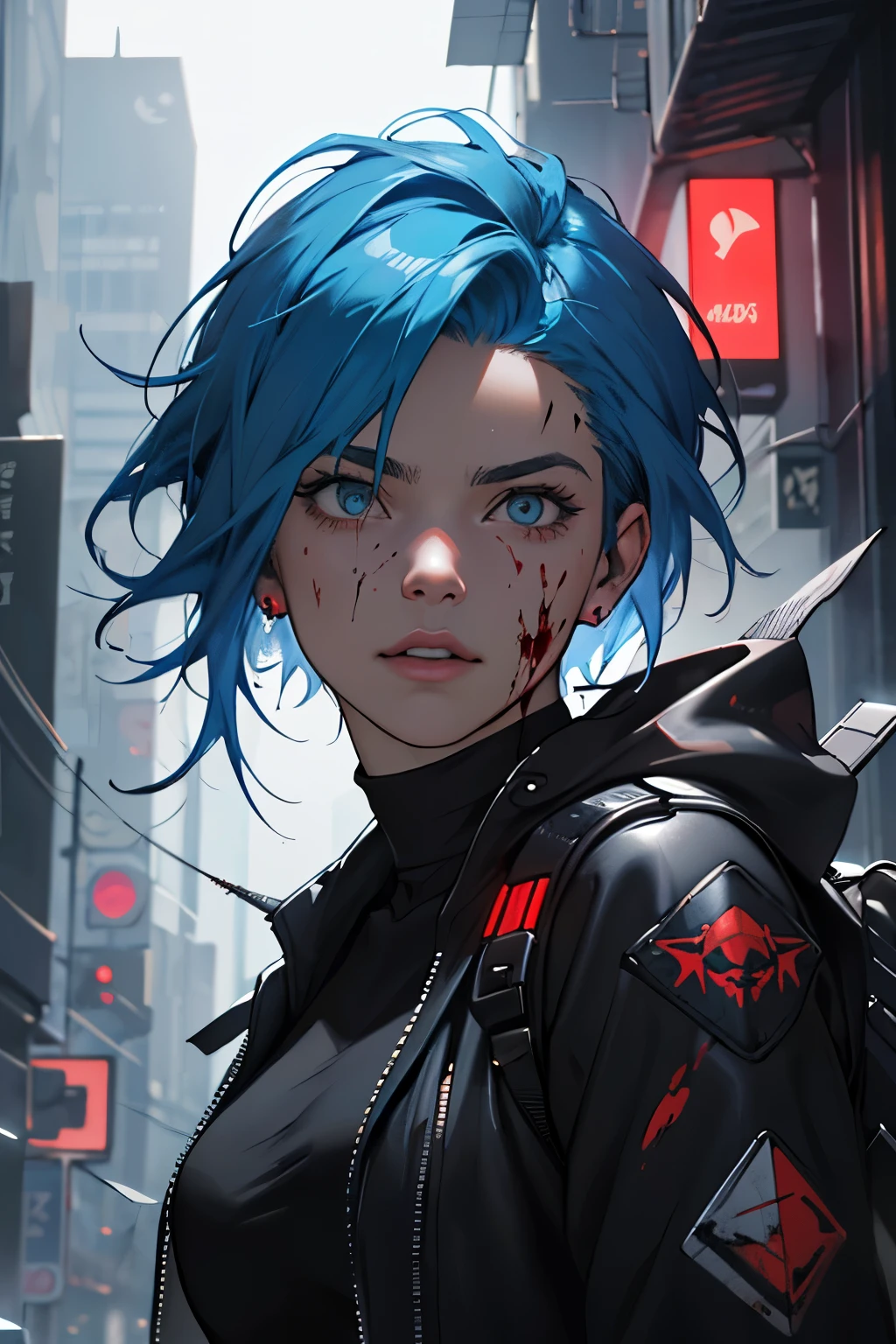 ((best quality)), ((masterpiece)), (detailed), perfect face, full figure, a digital painting of a blue-haired woman, a 25 year old granddaughter of the Van Helsing's continues to fight evil creatures, she is splattered with blood and gore from the creatures she has defeated. cyberpunk art