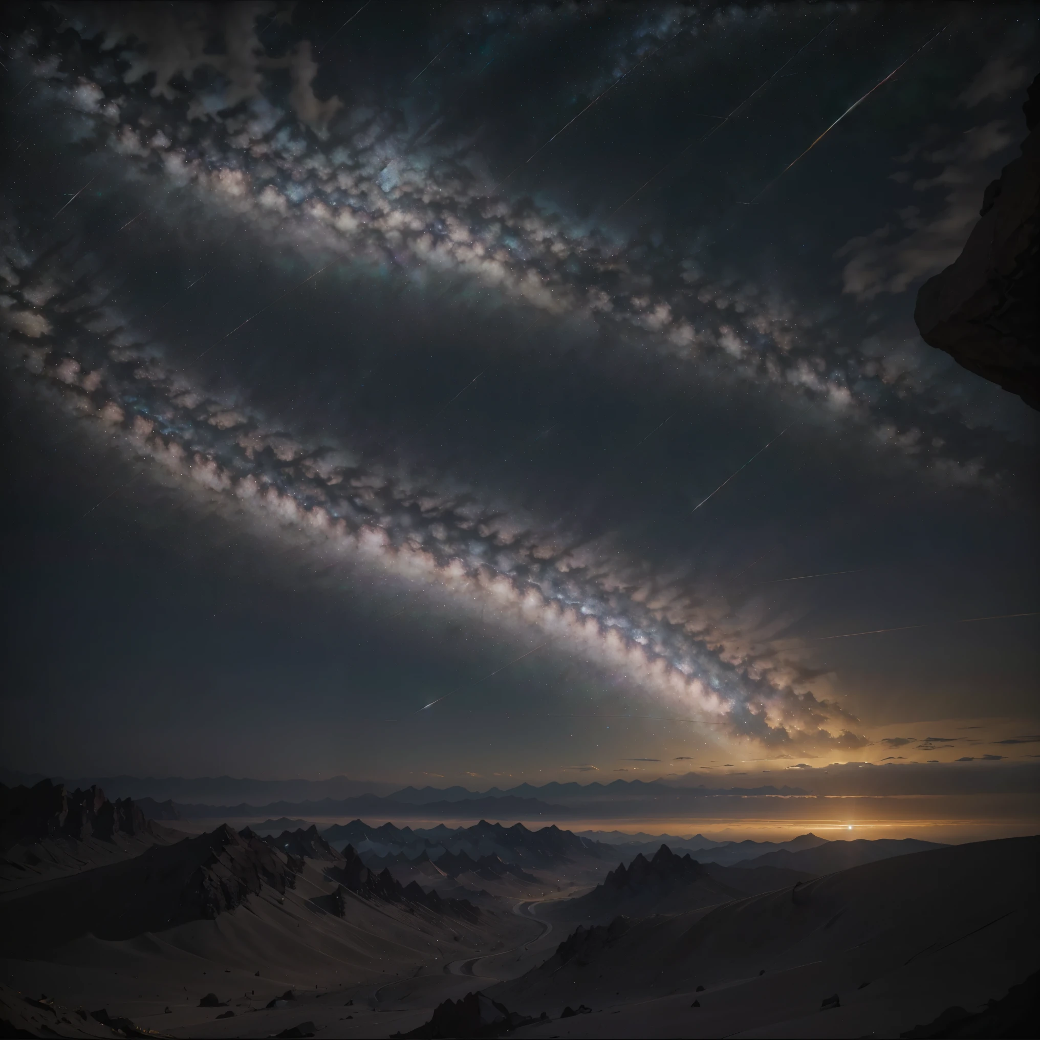 This photograph captures the essence of a serene desert night, where the vast expanse of the starry sky is on full display. The deep, velvety blackness of the desert landscape is punctuated by a myriad of twinkling stars, each one a distant celestial body casting its ethereal glow upon the earth below. The Milky Way, a magnificent river of stars, stretches across the sky, adding a sense of grandeur to the scene. The air is crisp and still, as if time itself has paused to admire the celestial beauty unfolding before our eyes. In the distance, the silhouette of a cactus or two provides a stark contrast against the backdrop of the starry sky, reminding us of the resilience and beauty found in the desert. This photograph is a testament to the magic of nighttime in the desert, where the cosmos come together to create an unforgettable visual masterpiece.