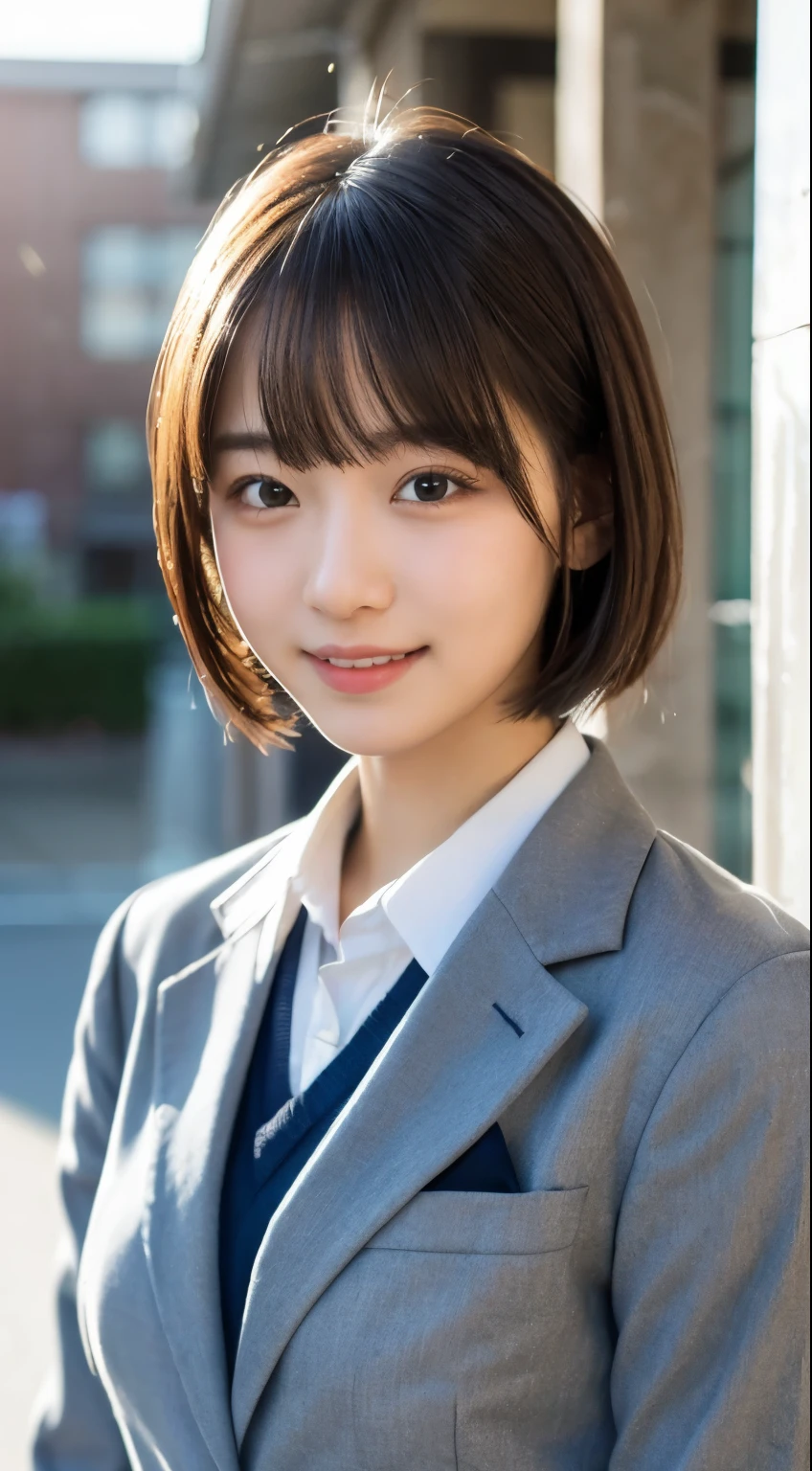 (highest quality,8K quality,masterpiece:1.3),(Super high resolution,Photoreal:1.4,Raw photo),(super detailed,caustics,detailed background),(ultra-realistic capture,Fine and beautiful skin,perfect anatomy),at dusk,sunset sky,school building,schoolyard,18-year-old,cute,single eyelid,black short bob,school blazer uniform,looking at camera,laughter,bust up shot,natural soft light
