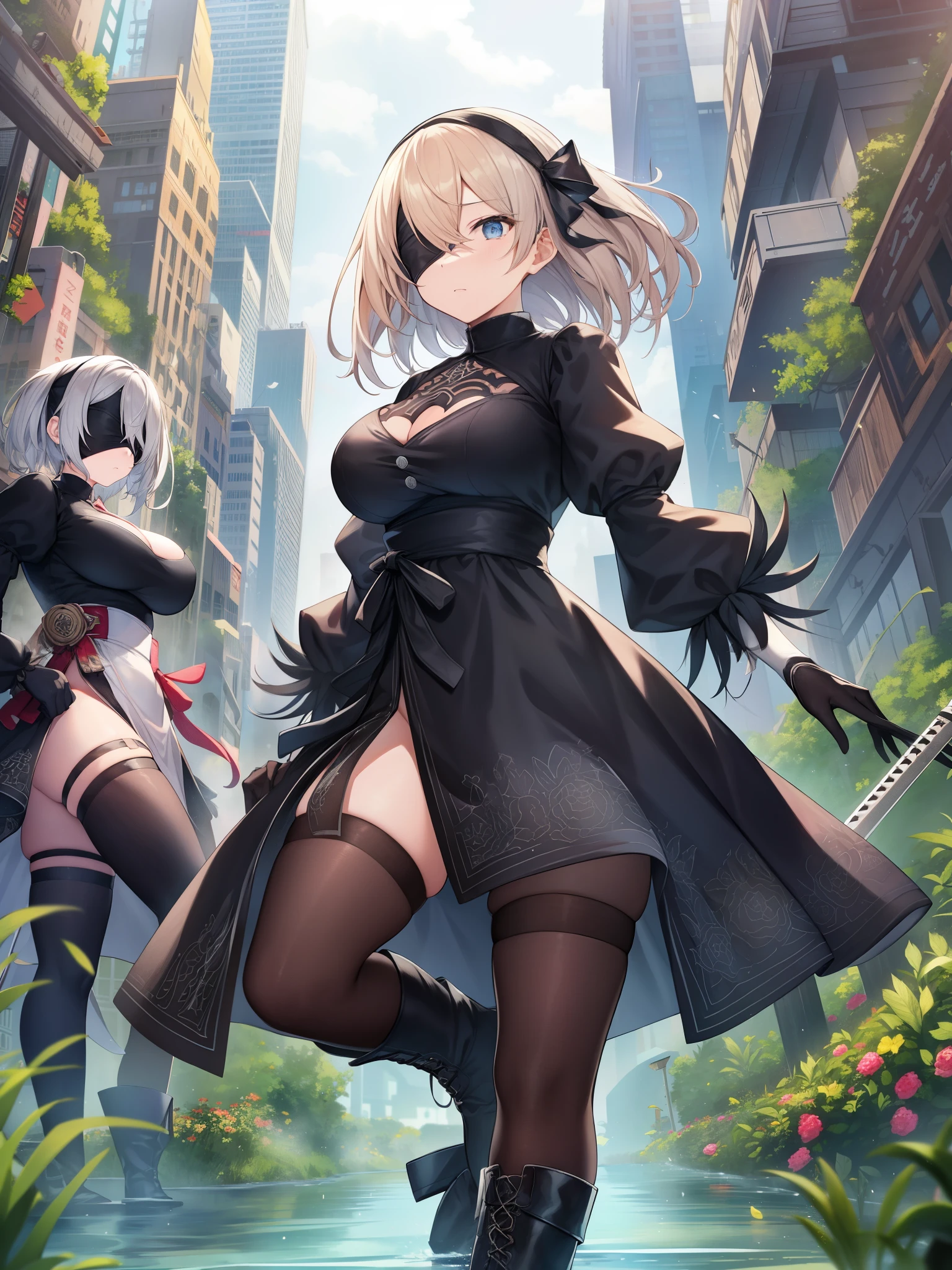 NieR、NieR オートマタ、Desolate Earth、The battle is on the ground、null中戦、hacking、「YoRHa（YoRHa）force」、（（（黒いblindfold）））+++、（（（黒いblindfold）））+++、（（（黒いblindfold）））+++、戦闘タイプのYoRHa機体。He specializes in melee attacks using sword fighting.、podによる遠距離攻撃も扱える。He has a calm and collected personality.、またYoRHaforceの規律もあってかあまり感情を表に出そうとはしない。Therefore、Although it seems cold at first glance、I treat my colleagues with consideration and compassion.。Automatic humanoid、big tits milf、big tits milf、big tits milf、Action RPG released by Square Enix。YoRHa違う。2 type b、1 girl、disorganized、黒いblindfold、黒いdress、黒いhair band、blindfold、青null、boots、building、City、cloud、covered eyes、Debris、dress、Feather ornamentの袖、Feather ornament、from below、gloves、Grass、hair band、high heels boots、high heels、high resolution、Juliet Sleeve、Katana、leather、leather boots、long sleeve、NieR \(series\)、NieR オートマタ、outdoor、overgrown、pod \(NieR オートマタ\)、Post-Apocalypse、waterたまり、puffy sleeves、rubble、Remains、landscape、null、サイハイboots、thigh high socks、bootsの下のthigh high socks、water