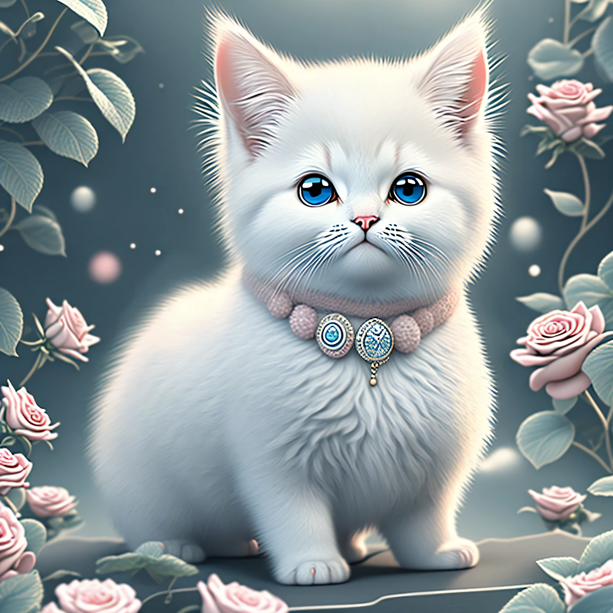 In this ultra-detailed CG art, Cute kitten surrounded by flowing roses, best quality, high resolution, intricate details, fantasy, adorable animal