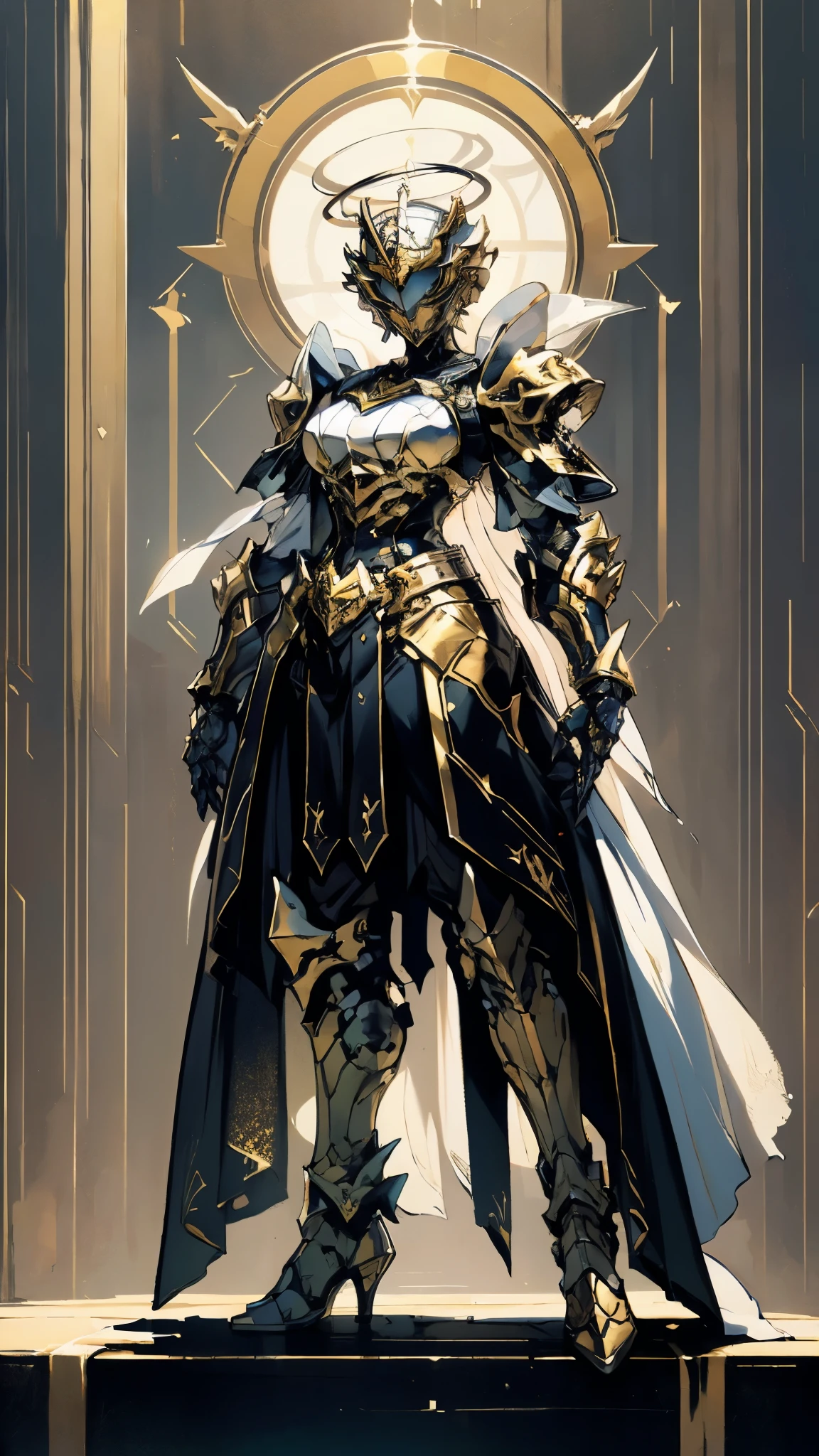 A woman adorned in fantasy-style full-body armor, a crown-concept fully enclosed helmet that unveils only her eyes, a composite layered chest plate, fully encompassing shoulder and hand guards, a lightweight waist armor, form-fitting shin guards, the overall design is heavy-duty yet flexible, (the armor gleams with a golden glow, complemented by red and blue accents), exhibiting a noble aura, she floats above a fantasy-surreal high-tech city, this character embodies a finely crafted fantasy-surreal style armored hero in anime style, exquisite and mature manga art style, (mixture of Queen bee and Spider concept Armor, plasma), ((Element, elegant, goddess, femminine:1.5)), metallic, high definition, best quality, highres, ultra-detailed, ultra-fine painting, extremely delicate, professional, anatomically correct, symmetrical face, extremely detailed eyes and face, high quality eyes, creativity, RAW photo, UHD, 32k, Natural light, cinematic lighting, masterpiece-anatomy-perfect, masterpiece:1.5