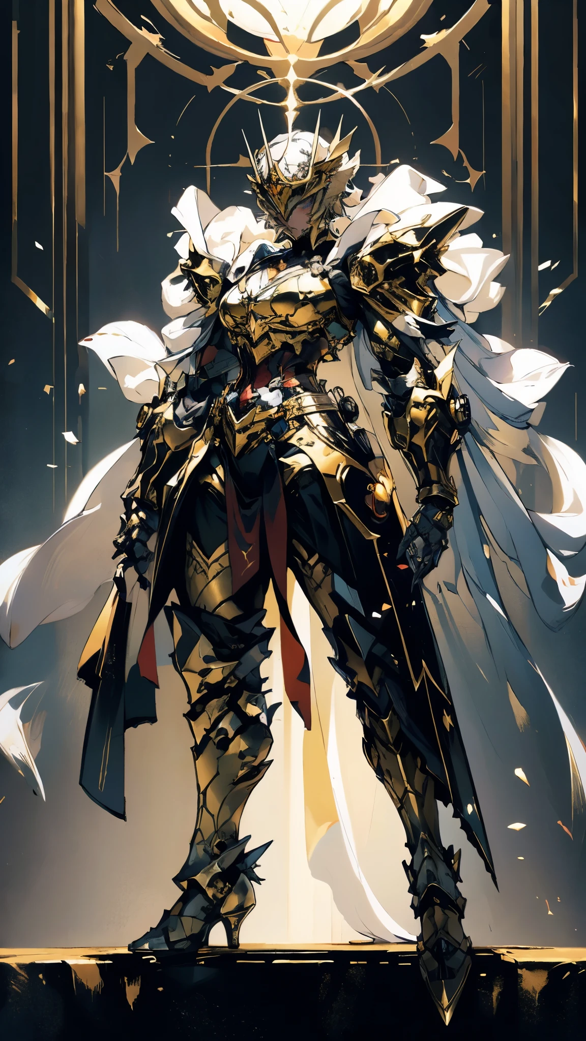 A woman adorned in fantasy-style full-body armor, a crown-concept fully enclosed helmet that unveils only her eyes, a composite layered chest plate, fully encompassing shoulder and hand guards, a lightweight waist armor, form-fitting shin guards, the overall design is heavy-duty yet flexible, (the armor gleams with a golden glow, complemented by red and blue accents), exhibiting a noble aura, she floats above a fantasy-surreal high-tech city, this character embodies a finely crafted fantasy-surreal style armored hero in anime style, exquisite and mature manga art style, (mixture of Queen bee and Spider concept Armor, plasma), ((Element, elegant, goddess, femminine:1.5)), metallic, high definition, best quality, highres, ultra-detailed, ultra-fine painting, extremely delicate, professional, anatomically correct, symmetrical face, extremely detailed eyes and face, high quality eyes, creativity, RAW photo, UHD, 32k, Natural light, cinematic lighting, masterpiece-anatomy-perfect, masterpiece:1.5
