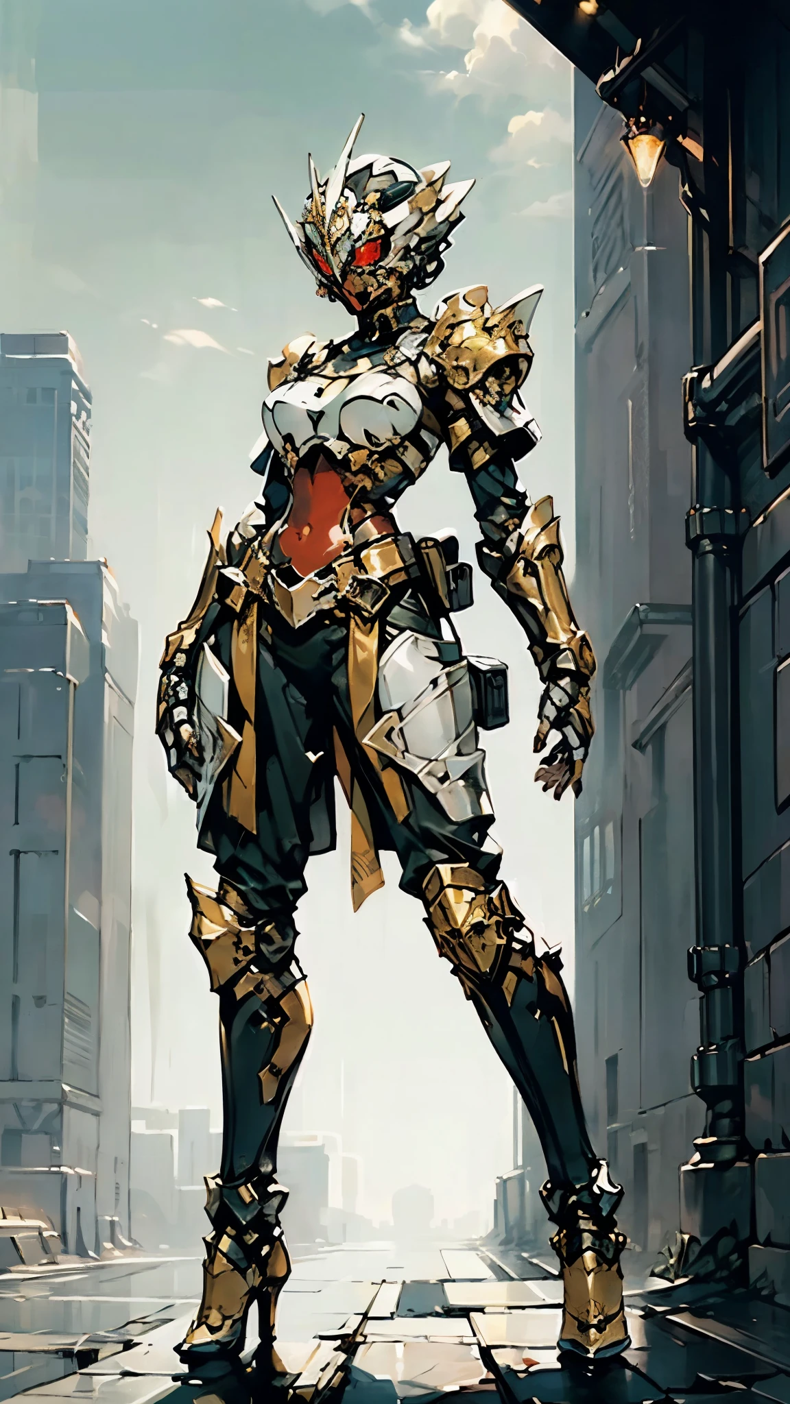 A woman adorned in fantasy-style full-body armor, a crown-concept fully enclosed helmet that unveils only her eyes, a composite layered chest plate, fully encompassing shoulder and hand guards, a lightweight waist armor, form-fitting shin guards, the overall design is heavy-duty yet flexible, (the armor gleams with a golden glow, complemented by red and blue accents), exhibiting a noble aura, she floats above a fantasy-surreal high-tech city, this character embodies a finely crafted fantasy-surreal style armored hero in anime style, exquisite and mature manga art style, (mixture of Queen bee and Spider concept Armor, plasma), ((Element, elegant, goddess, femminine:1.5)), metallic, high definition, best quality, highres, ultra-detailed, ultra-fine painting, extremely delicate, professional, anatomically correct, symmetrical face, extremely detailed eyes and face, high quality eyes, creativity, RAW photo, UHD, 32k, Natural light, cinematic lighting, masterpiece-anatomy-perfect, masterpiece:1.5