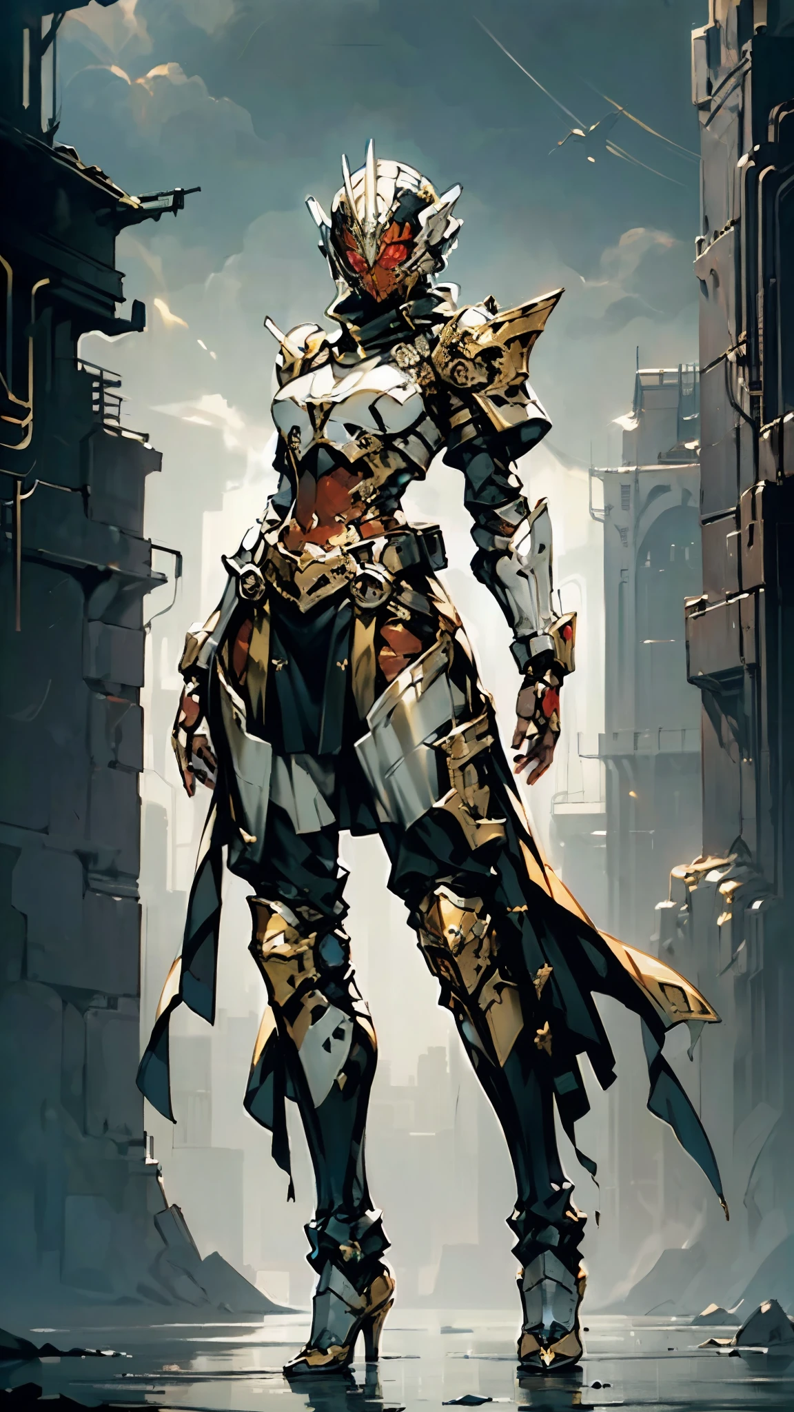 A woman adorned in fantasy-style full-body armor, a crown-concept fully enclosed helmet that unveils only her eyes, a composite layered chest plate, fully encompassing shoulder and hand guards, a lightweight waist armor, form-fitting shin guards, the overall design is heavy-duty yet flexible, (the armor gleams with a golden glow, complemented by red and blue accents), exhibiting a noble aura, she floats above a fantasy-surreal high-tech city, this character embodies a finely crafted fantasy-surreal style armored hero in anime style, exquisite and mature manga art style, (mixture of Queen bee and Spider concept Armor, plasma), ((Element, elegant, goddess, femminine:1.5)), metallic, high definition, best quality, highres, ultra-detailed, ultra-fine painting, extremely delicate, professional, anatomically correct, symmetrical face, extremely detailed eyes and face, high quality eyes, creativity, RAW photo, UHD, 32k, Natural light, cinematic lighting, masterpiece-anatomy-perfect, masterpiece:1.5
