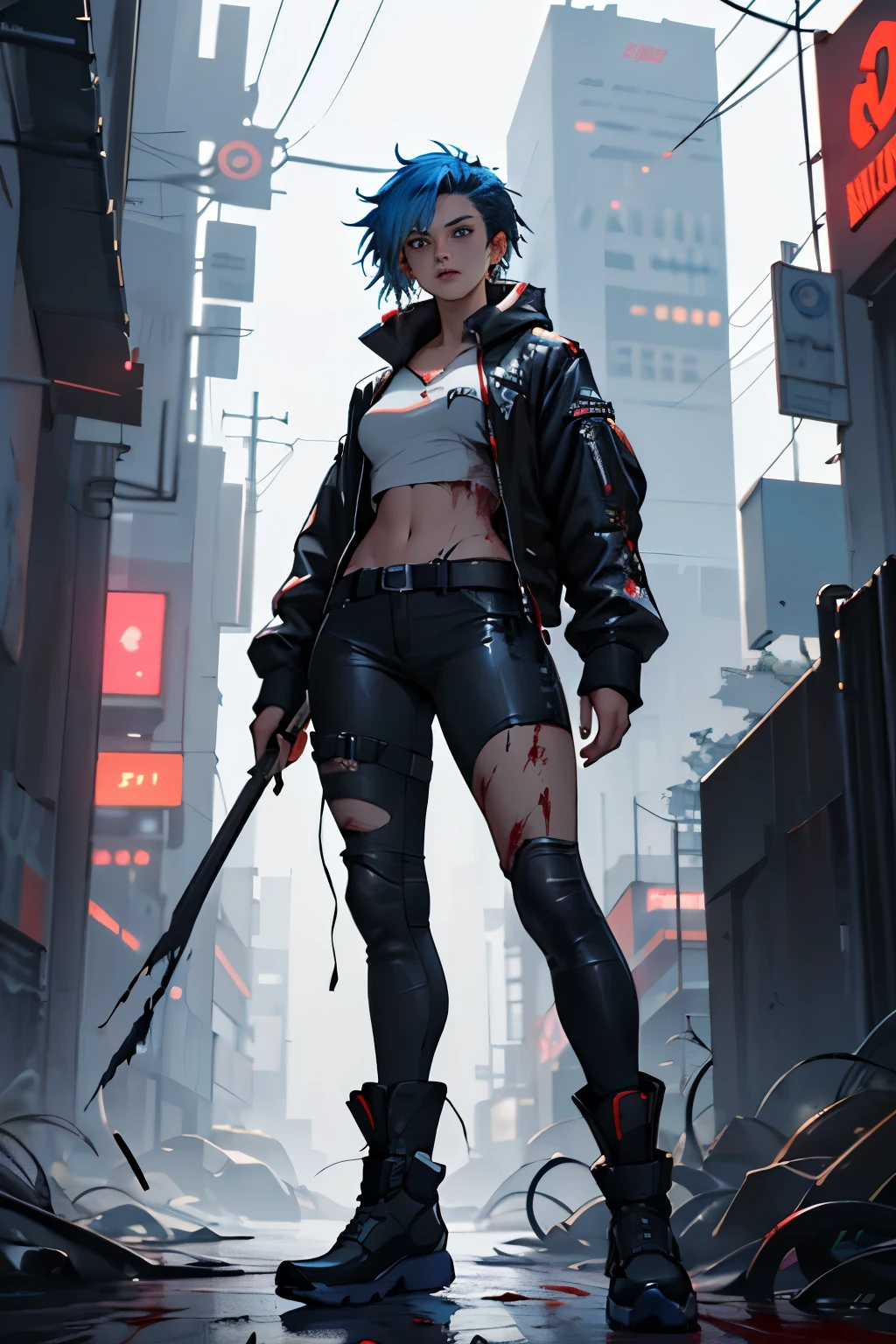 ((best quality)), ((masterpiece)), (detailed), perfect face, full figure, a digital painting of a blue-haired woman, a 25 year old granddaughter of the Van Helsing's continues fighting evil creatures, she is splattered with blood and gore from the creatures she has defeated. cyberpunk art
