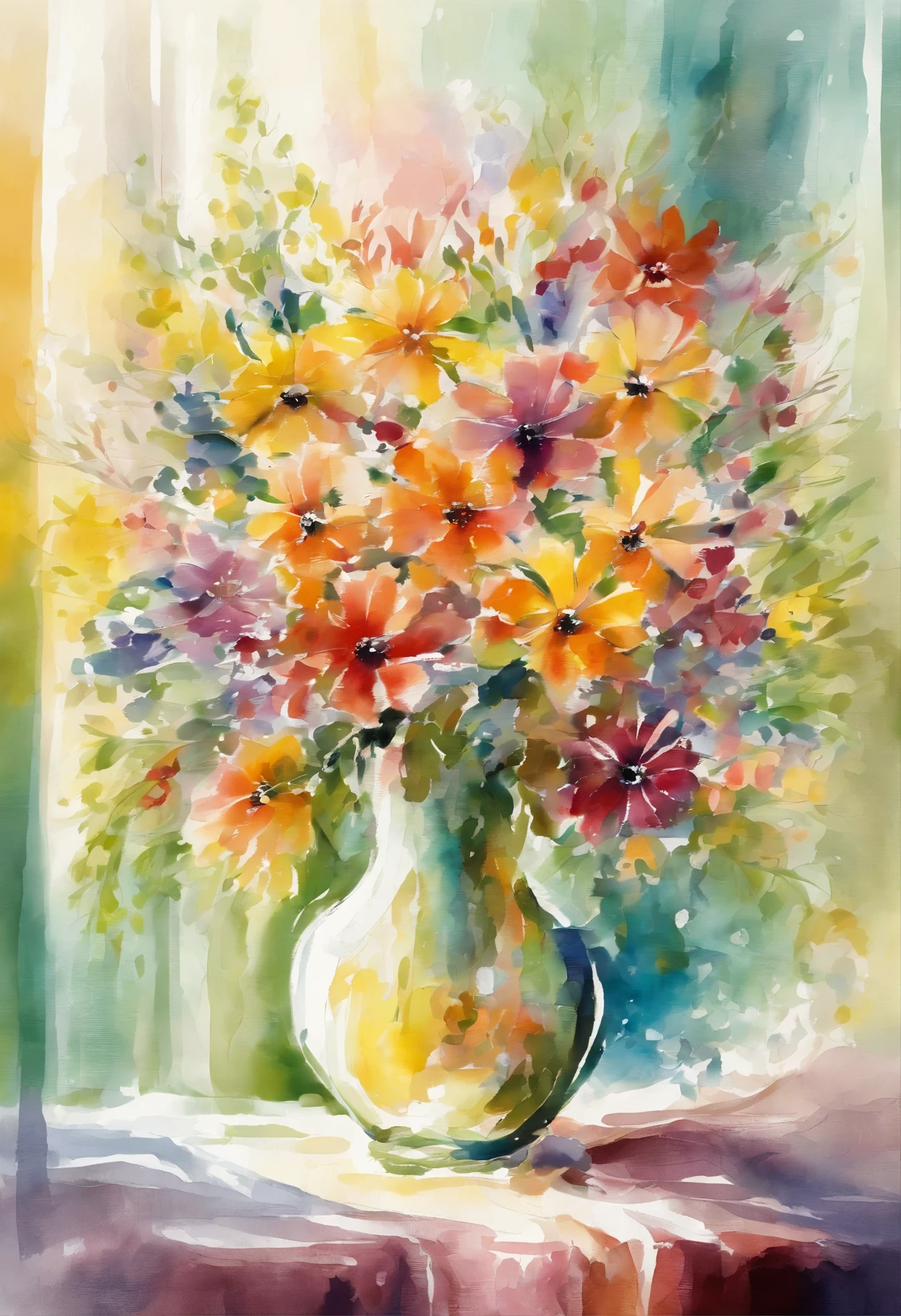 Flowers in a vase,sunlight,lace curtain, best quality,high quality abstraction, still life abstraction,the greatest masterpiece,best quality,perfect proportions,beauty,Watercolor,equivocating