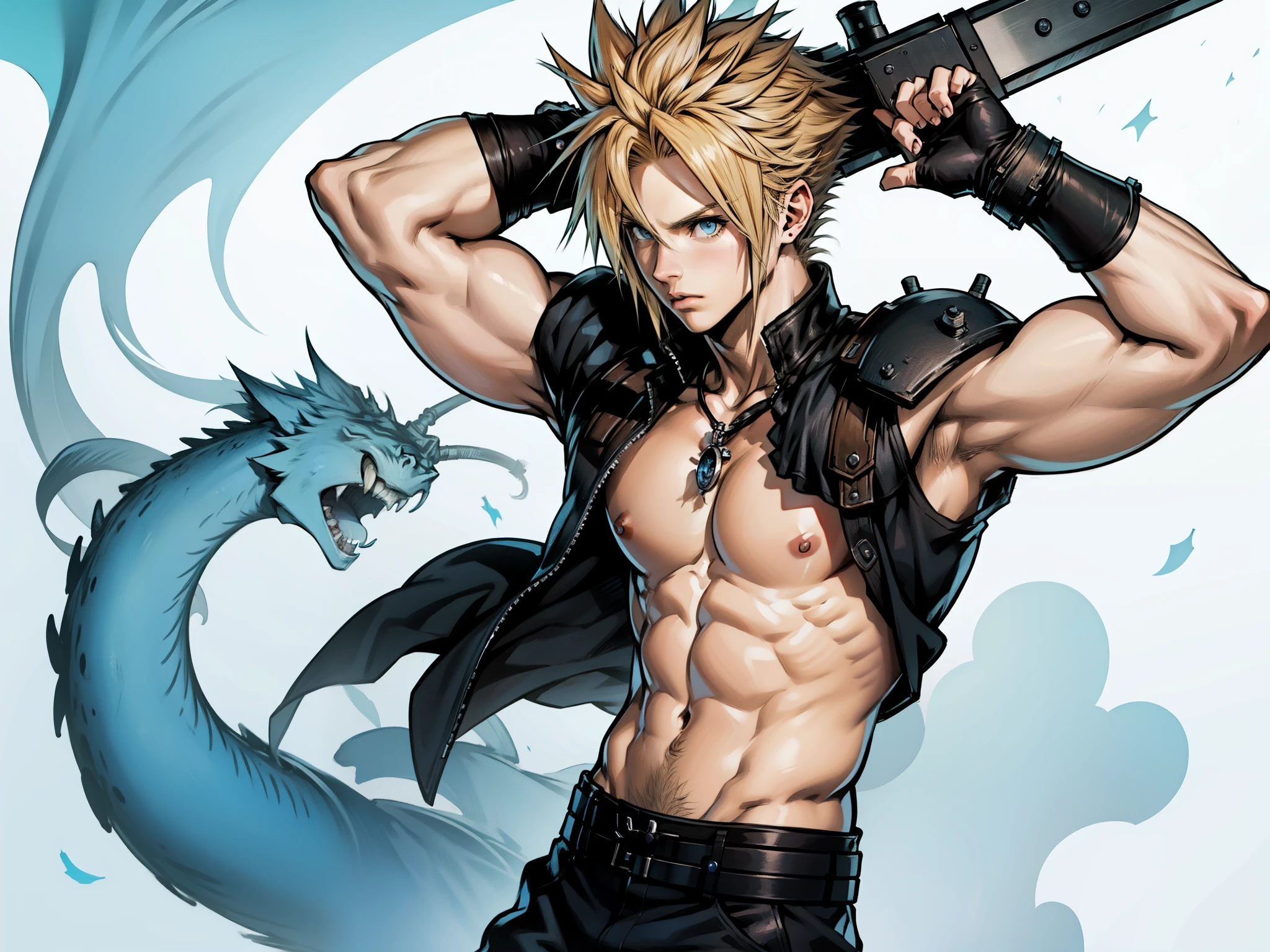 cloud strife final fantasy shirtless in heroic pose