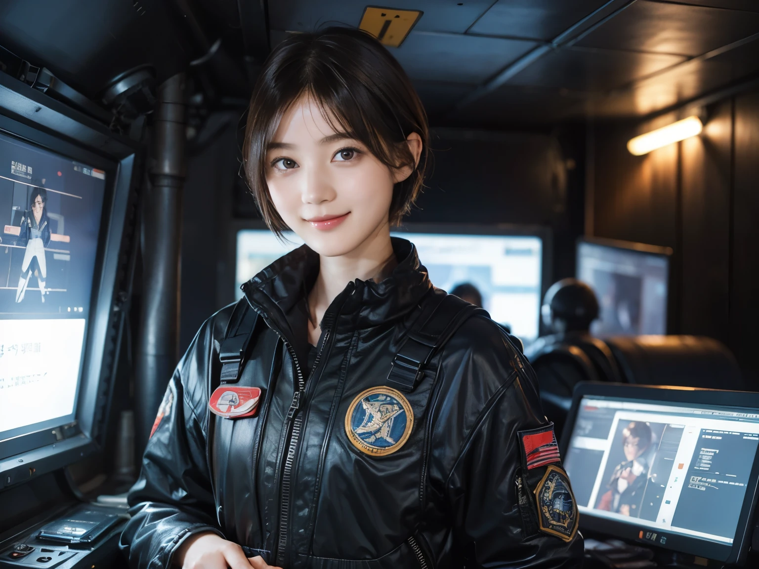 164
Shorthair, (a 20 yo woman, standing), A hyper-realistic, gentle smile, sci-fi cool suit, (口紅), in the cockpit of an old fashioned fighter aircraft