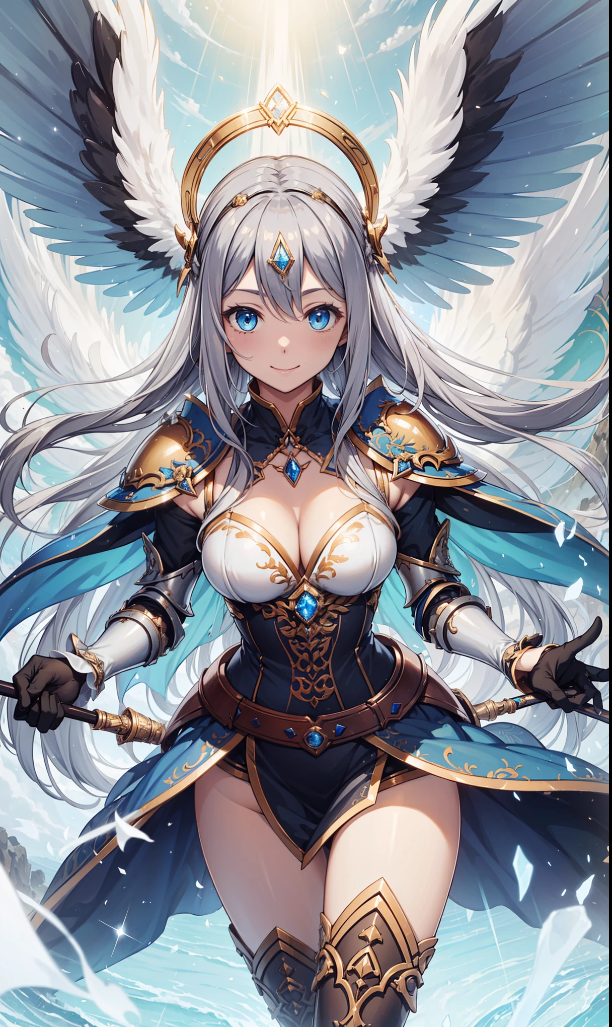 Heaven哨兵，Elegant and charming，charm，in love，(女武神armor)，black gloves，silver hair，Smile，blue eyes，Complex design，super ultra detail，top quality，armor，Crushed rough stone，magic effects，Exotic decoration，Exquisite hair accessories，Transparent lace，Sky blue pattern，light stripes，dress nicely，Heaven，holy light，Carved suspender boots，Super super details，holy mist，light particles，Exquisite and beautiful eyes and face，Dynamic angle