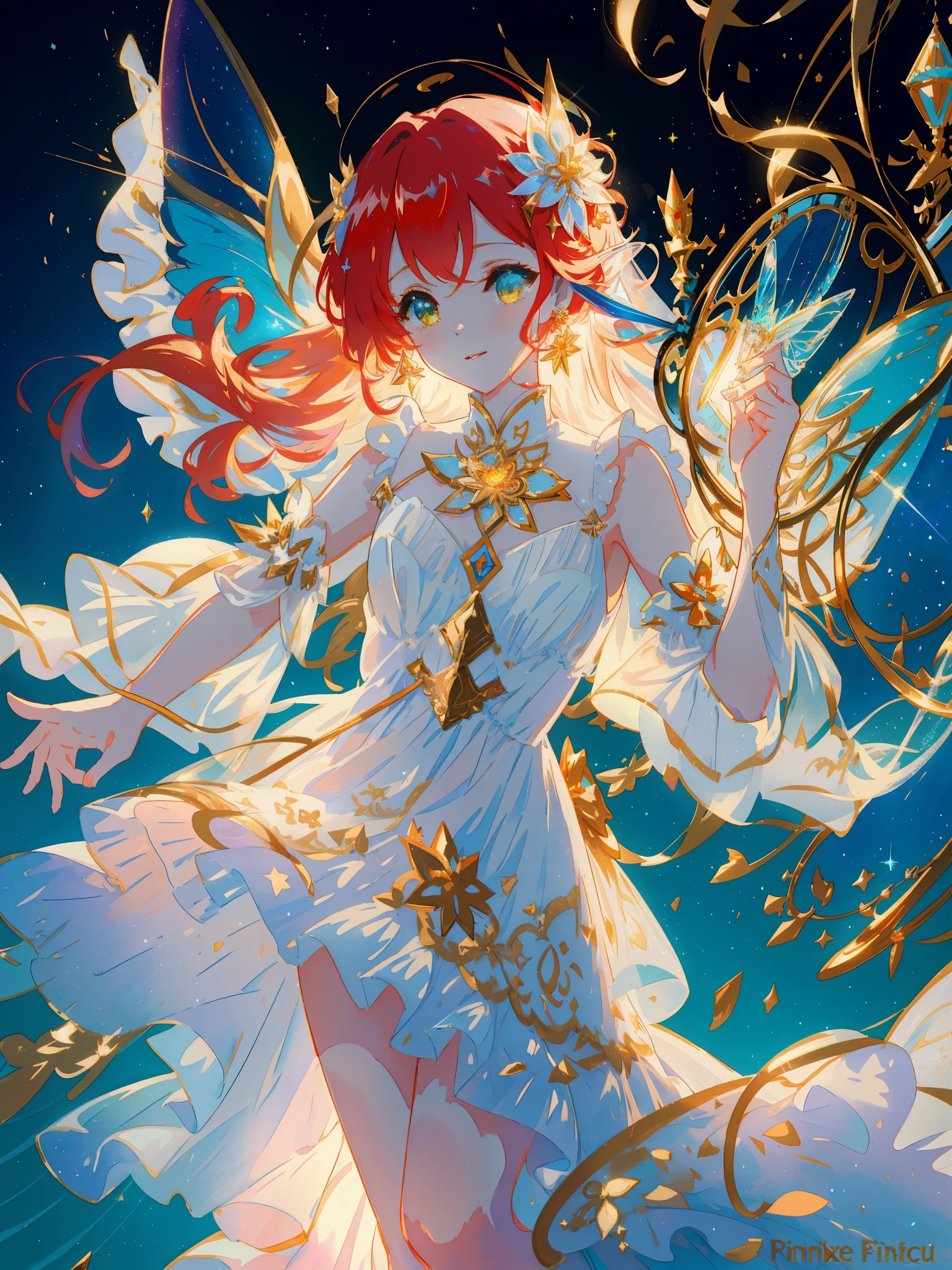 beautiful fairy girl in sparkling white layered dress, puffy flowing dress, sheer fluttering sleeves, ((sparkling fairy dress)), long red gold hair, colorful fantasia background, delicate white flowers, watercolor illustration, beautiful, masterpiece, best quality, vibrant pastel colors, colorful, vibrant, sharp focus, highly detailed, intricate details, golden ratio, perfect composition