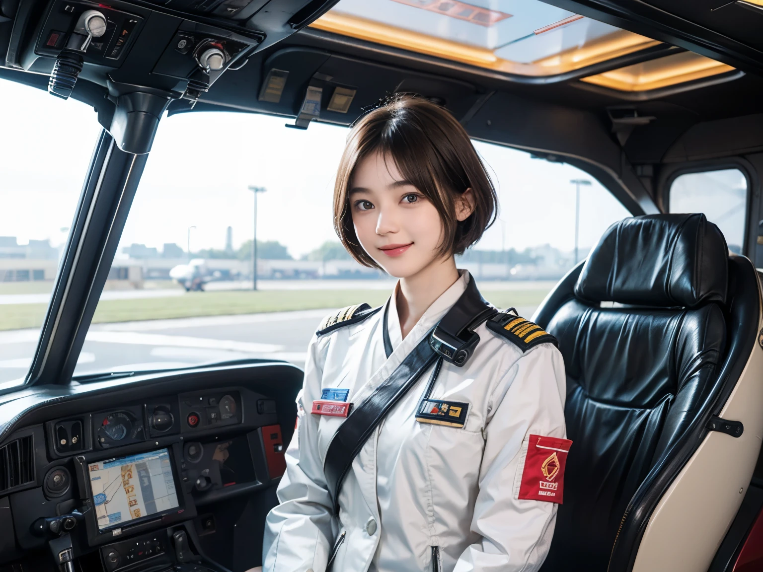 164
Shorthair, (a 20 yo woman, standing), A hyper-realistic, gentle smile, sci-fi cool suit, (口紅), in the cockpit of an old fashioned fighter aircraft