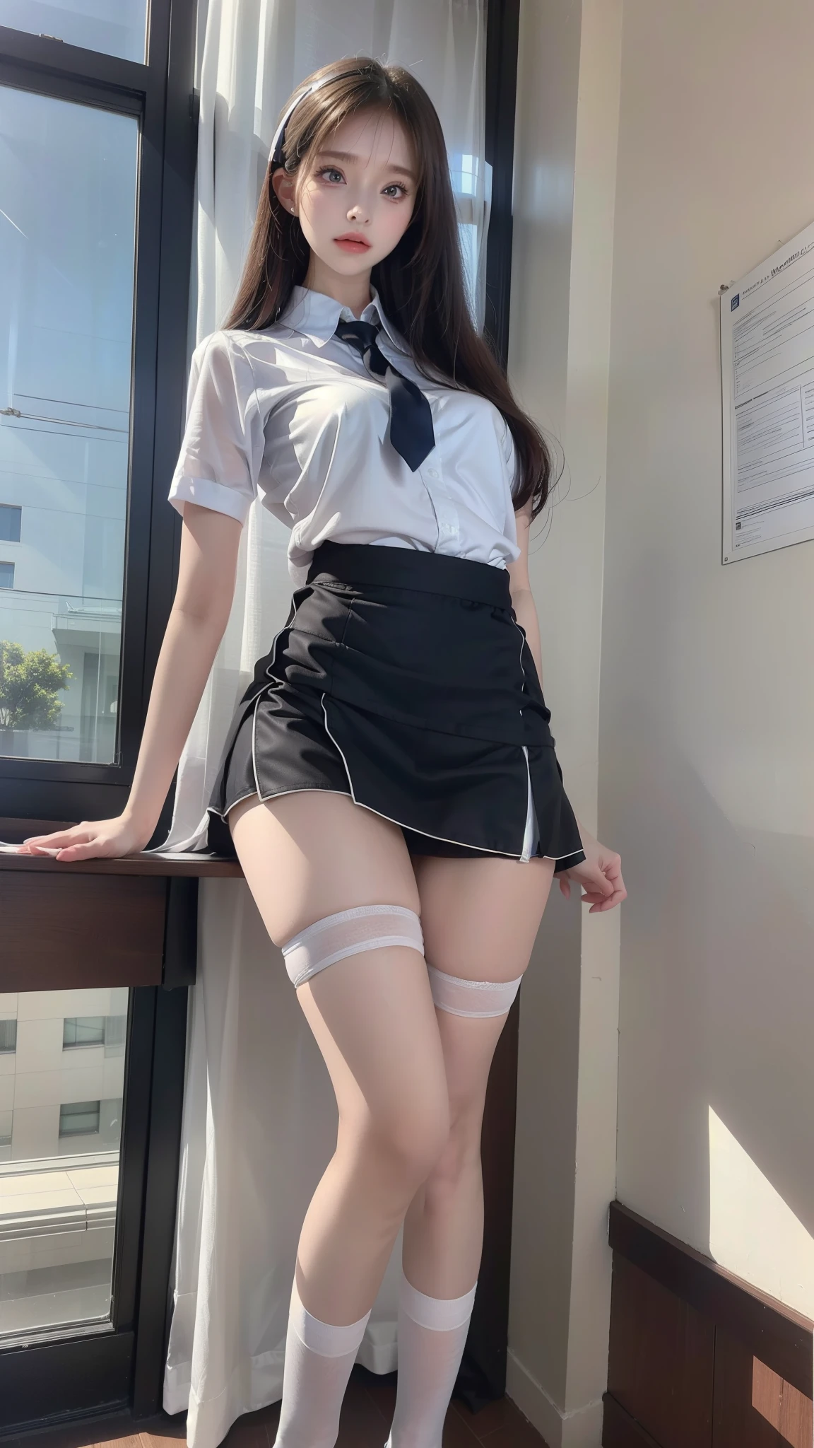 Arad woman wearing short skirt and white shirt posing for photo, Surrealism female students, Surrealism female students, actual , Realistic animation女孩渲染, stockings and skirt, 3D animation realistic, Small curves , Wearing a skirt and high socks, Realistic animation, cute female student, actual anime 3 D style, female student