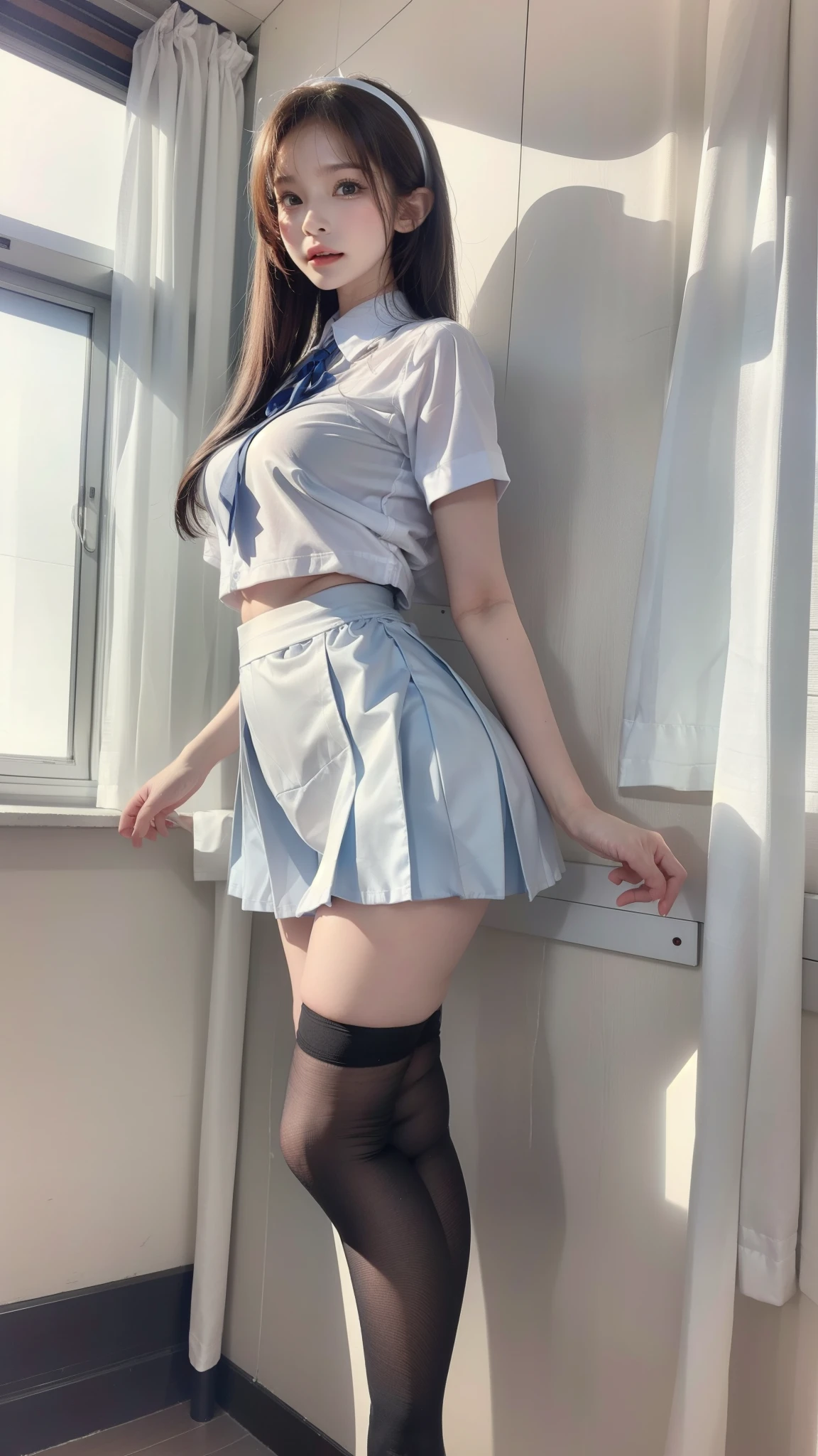 Arad woman wearing short skirt and white shirt posing for photo, Surrealism female students, Surrealism female students, actual , Realistic animation女孩渲染, stockings and skirt, 3D animation realistic, Small curves , Wearing a skirt and high socks, Realistic animation, cute female student, actual anime 3 D style, female student