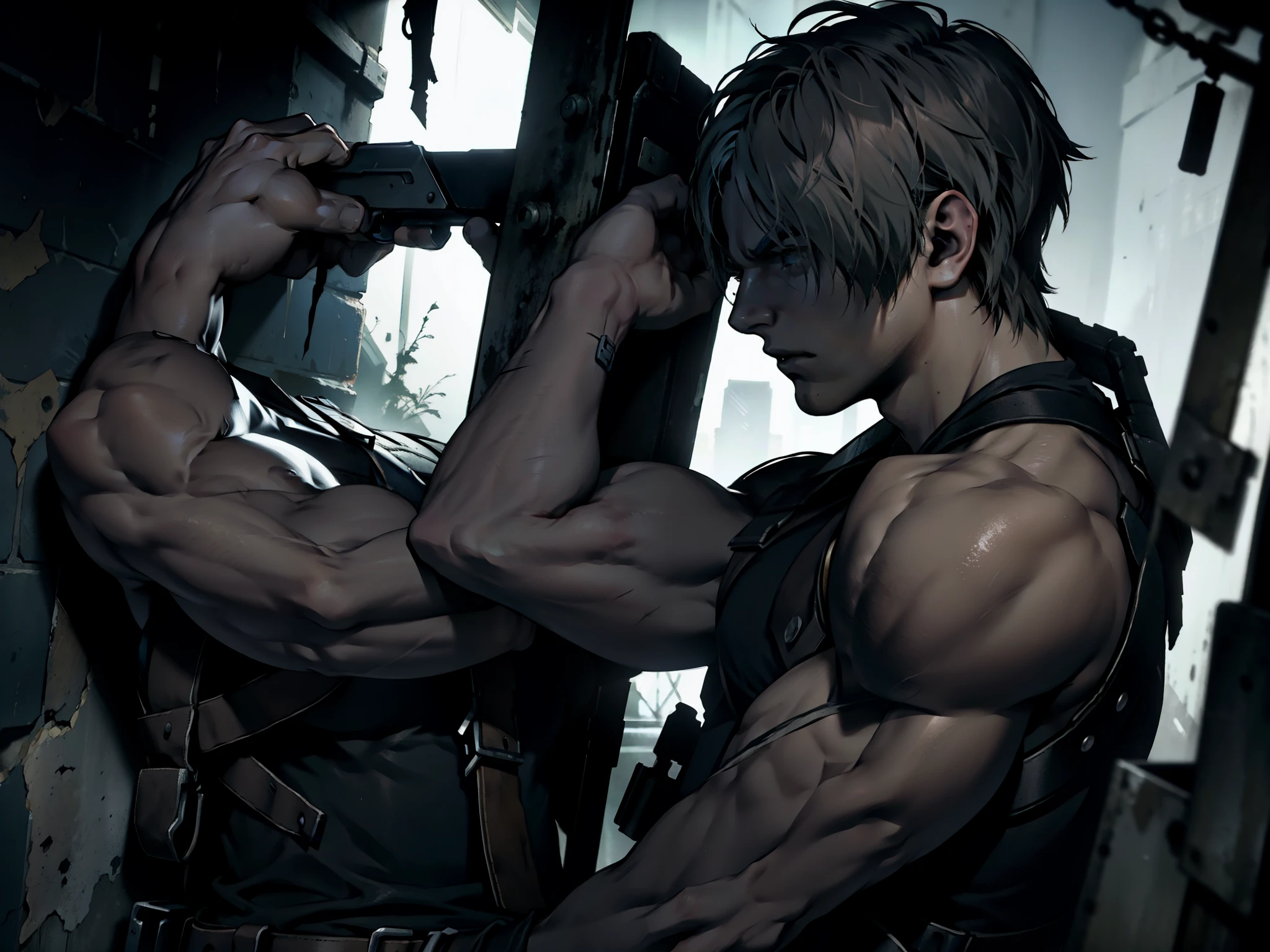 Shirtless Resident Evil Leon in heroic pose