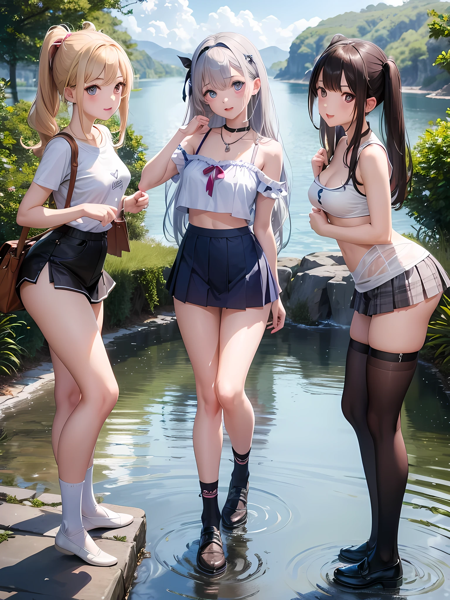 Texture CG, ((Ultra Detail Art)), ((​master piece)), (extremely details CG),Multiple girls,3girls,nsfw,school gals ,school gyaru ,(school unifrom:1.5),skirt ,(pleated mini skirt:2.0), white shirt, beautiful legs,ass focus,(from behind:1.2),(from below:1.5), (string panties),(sexy panties),(white panties),undressing,panty pull,long hair, blonde hair, brown hair, pink hair, silver hair, Curve, Beautiful detailed eyes , gleaming skin, bracelet, ,hair ornament, hairclip, jewelry, open mouth ,light smile, embarrassed:1.4,